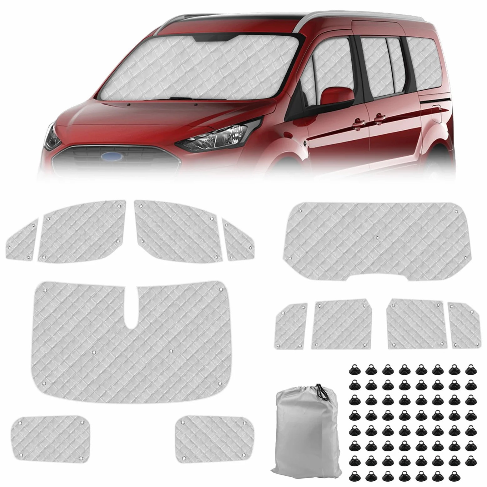 Parasol para Parabrisas Compatible con Ford Grand Tourneo Connect (LWB) 2013-2022, Juego de Protector de Parabrisas, Juego de Ventana de Persiana Térmica Interior con Bolsa Almacenamiento - 12 Piezas