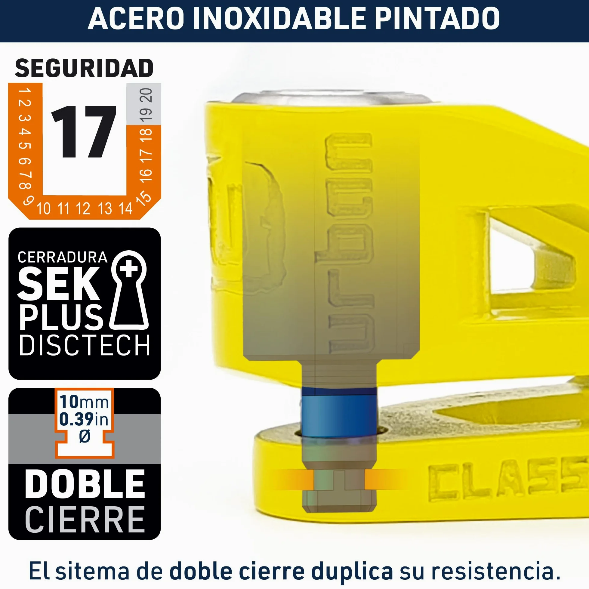 URBAN UR210Y Candado Moto Homologado SRA, Antirrobo Disco Máxima Seguridad, Testado Doble Bloqueo ø10mm, Cerradura Anti-Taladro, Arquitectura Ligera, Cepo Pinza Motos y Scooter, Acero Inox Amarillo