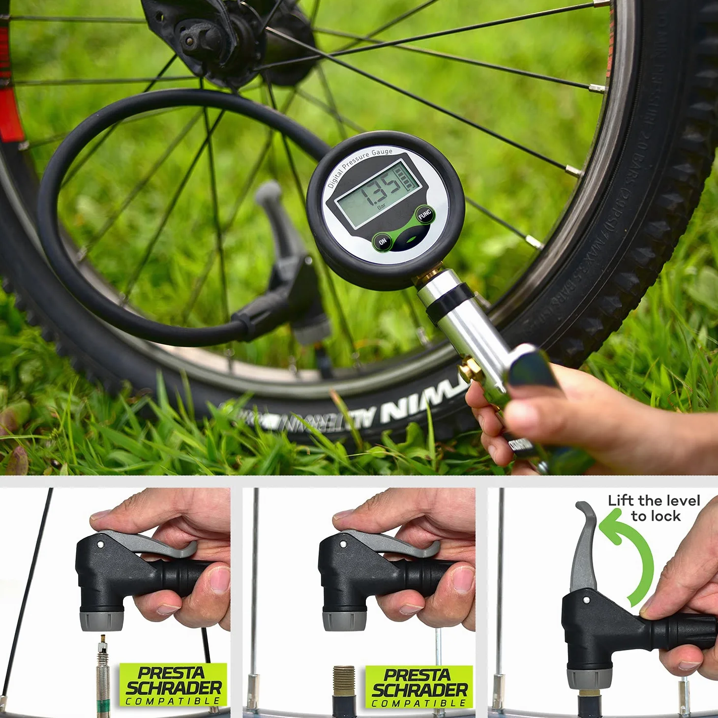 Medidor digital de inflado de neumáticos de bicicleta con tipo de válvula de selección automática, herramienta de compresor de aire Presta y Schrader
