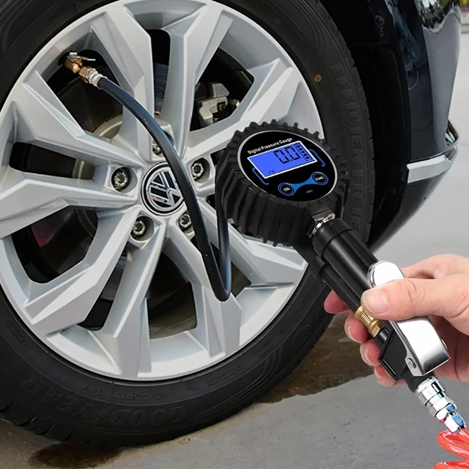 Inflador de neumáticos Digital 0-200PSI con manómetro con 4 Tapas de válvula Indicador de inflado de neumáticos de Acero con Manguera de Goma