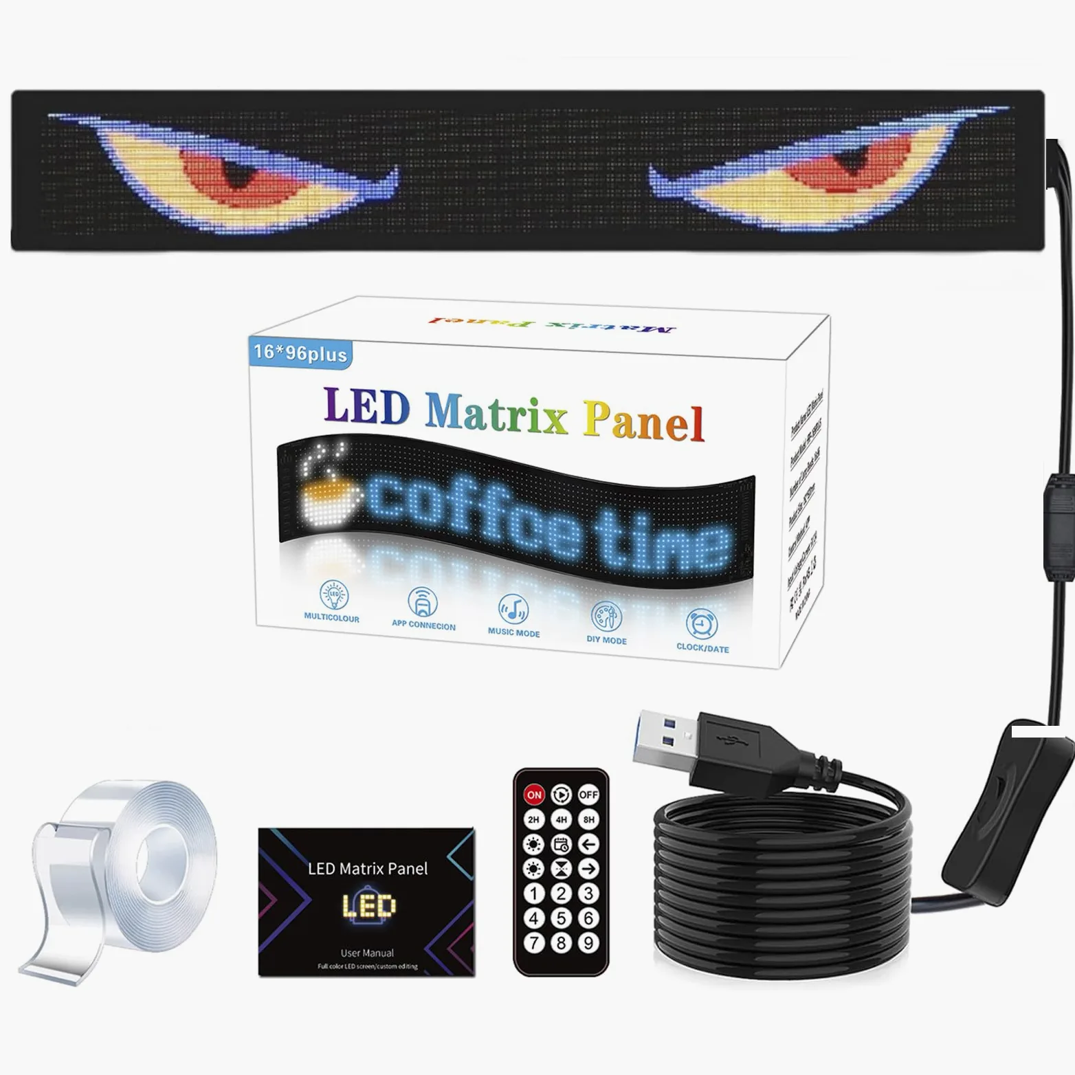Ojos LED para Camion, Pantalla LED Flexible Coche Programable Grande, Ojos de Diablo para Coche, para Bricolaje, Dinámica, LED Inteligente, Colorida, Pantalla Suave (19.2 * 89.8CM)