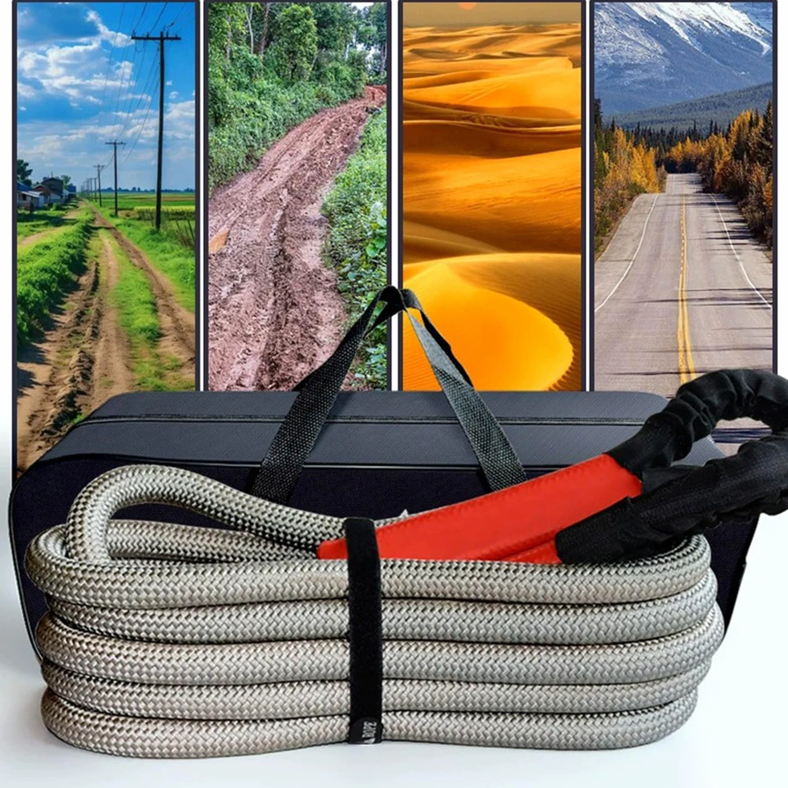 Cuerda de Remolque de recuperación cinética de 5M/8M/10M, Cuerda de Arranque Resistente Que se estira para ATV UTV Tractor Trailor Truck, Bolsa de Almacenamiento incluida (Gris) 8M