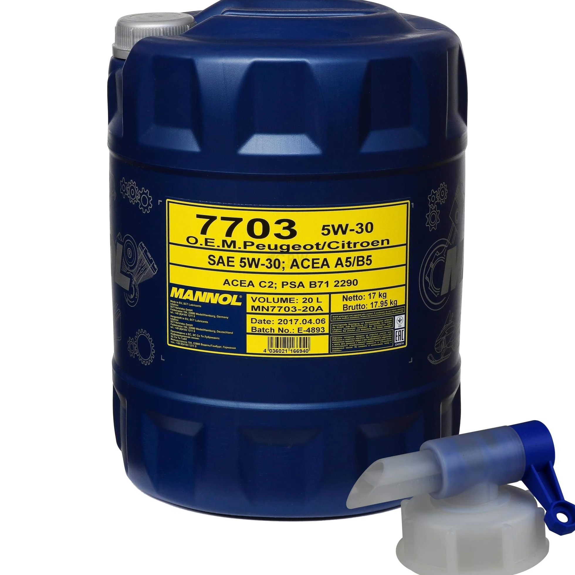 Aceite de motor Mannol 7703 O.E.M. 5W-30 de 20 litros, aceite sintético + grifo de salida