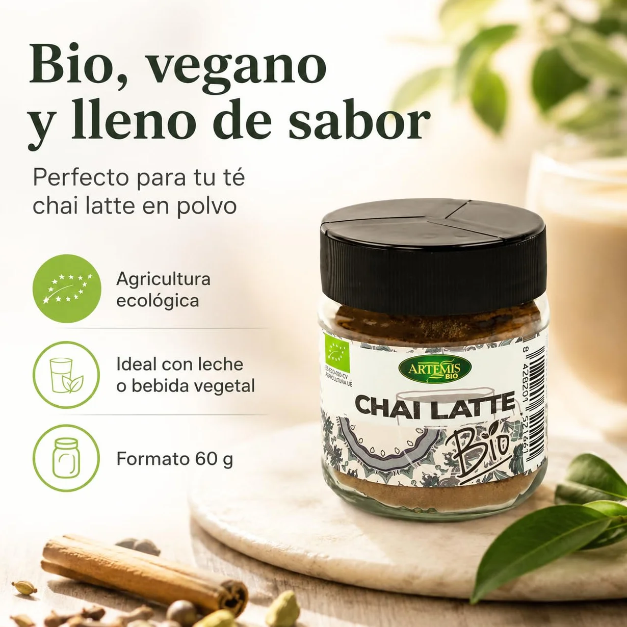 Chai Latte Bio Artemis 60 g té en polvo con especias ecológicas mezcla para leche o bebida vegetal