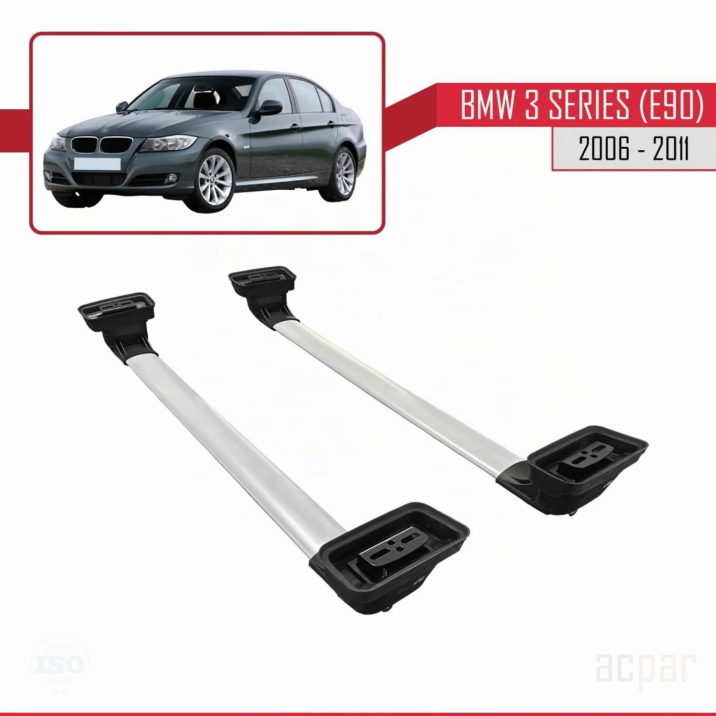 Compatible con BMW Serie 3 (E90) 2005-2012 Modelo Ace-3 Barra de Techo Auto Portaequipajes Barras Transversales Gris Aluminio 2 Barras