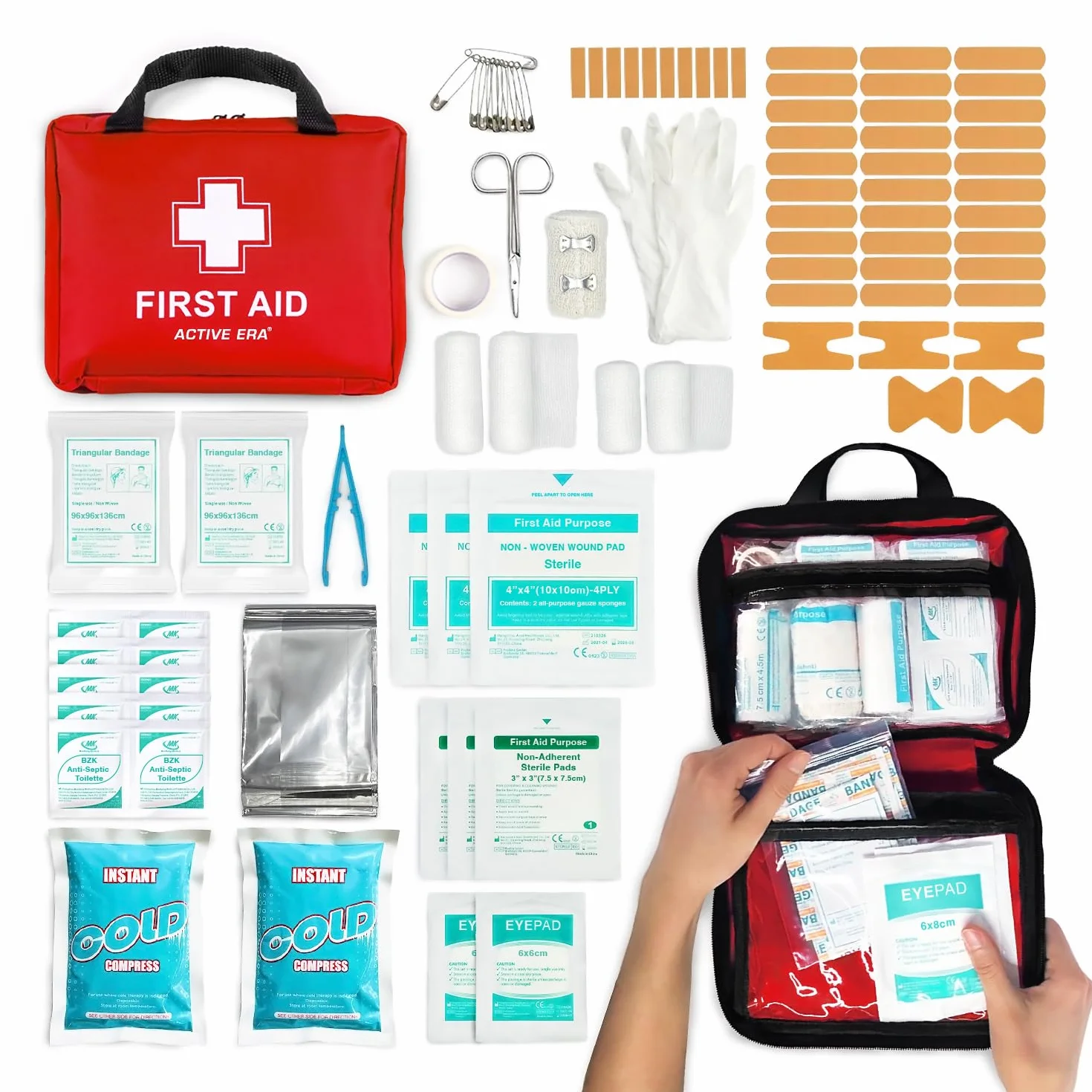Active Era Botiquín Primeros Auxilios 90 Piezas Hielo Kit Lavado Ojos Manta Emergencia Hogar Coche