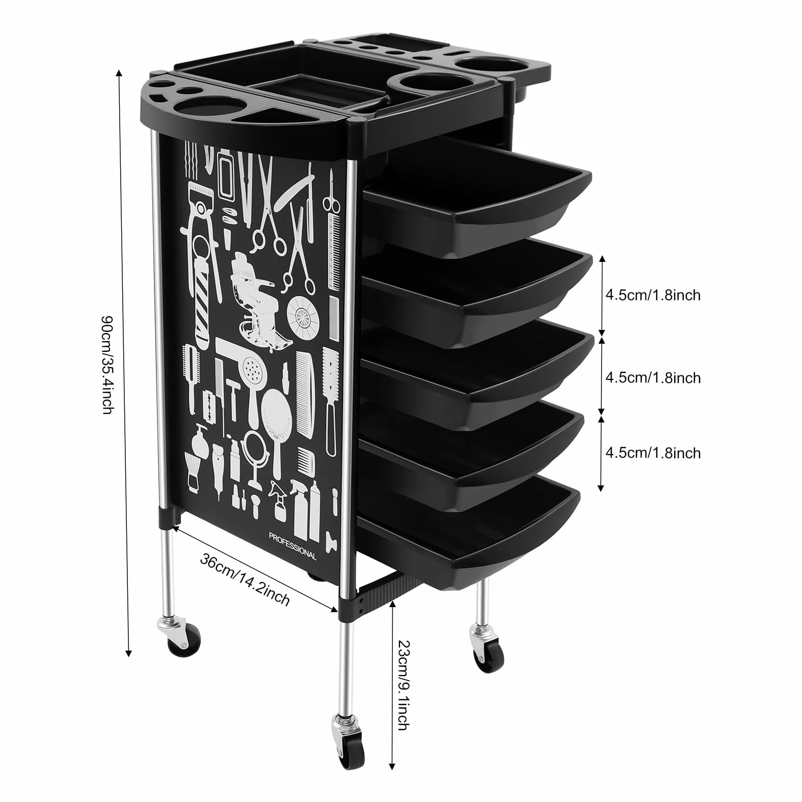Carrito de salón 5 cajones con ruedas para estilista peluquería spa 20 kg negro
