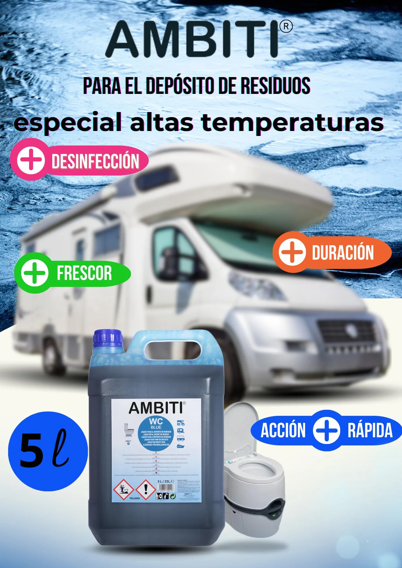 Ambiti | WC Blue | Aditivo para Depósito de Residuos Aguas Negras | Inodoros Portátiles de Autocaravanas, Caravanas y Barcos | Elimina Olores, residuos y Desinfecta | Fragancia Piña Colada (5L)