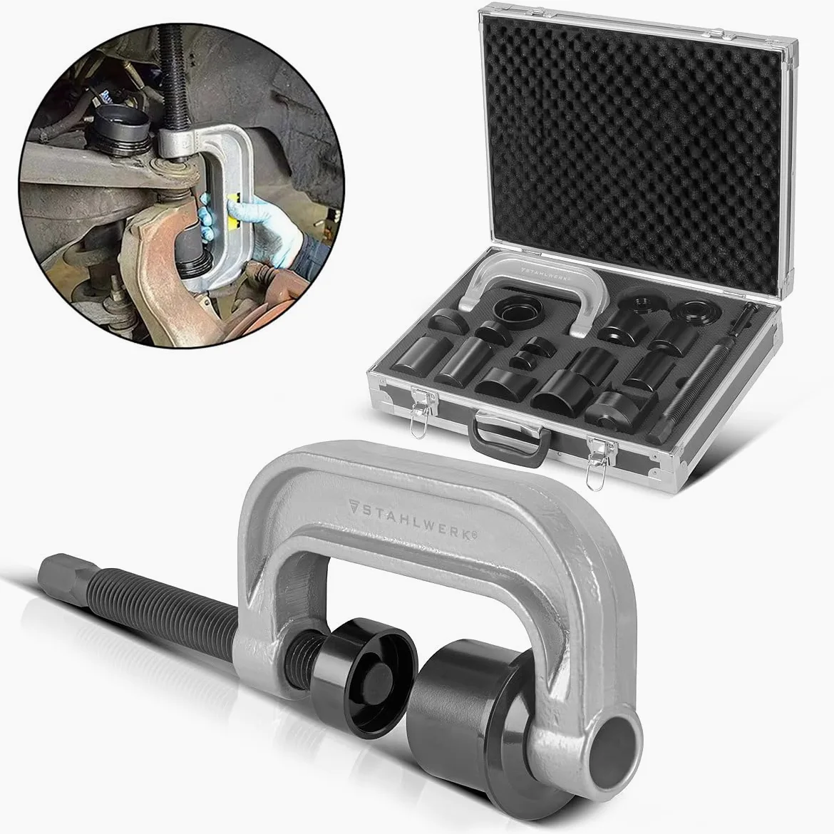 STAHLWERK Extractor de articulación esférica, prensa de articulación esférica, prensa de rótula, extractor de rótula, kit de montaje de 21 piezas