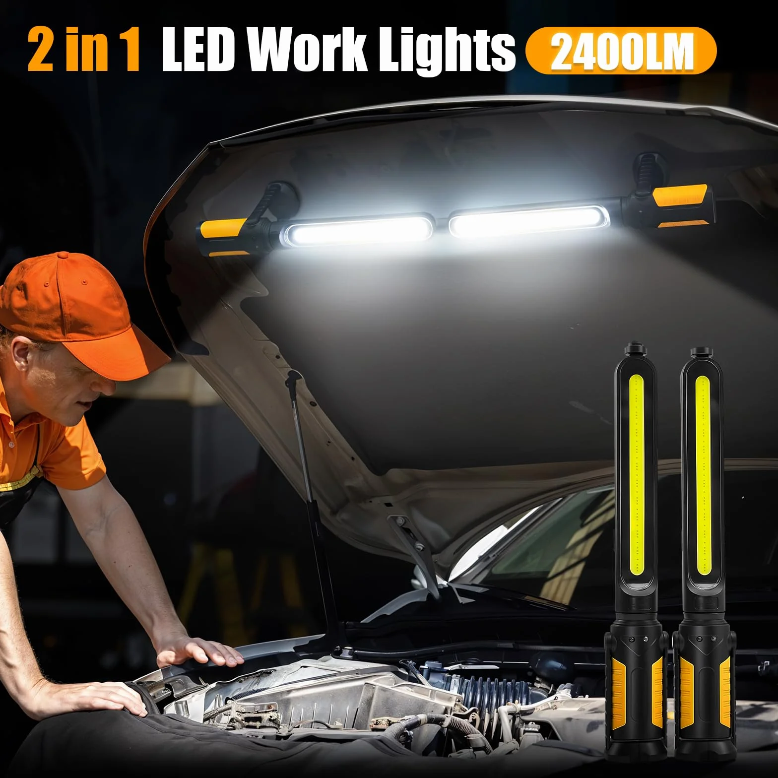 SYLSTAR Linterna Taller con Control por Sensor, 2400LM Linterna Mecanico Recargable con 3 Niveles de Brillo, 4400mAh Batería, Gancho y Base Magnética para Taller Reparación de Autos Emergencia