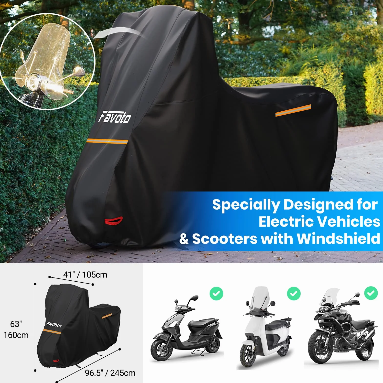 Favoto Funda para Moto Cubierta de Motocicleta 210D Oxford con Parabrisas Alto Tiras Reflectantes, Resistente a Agua Polvo Lluvia Viento Excrementos de Pájaros, 245x105x160cm Negro