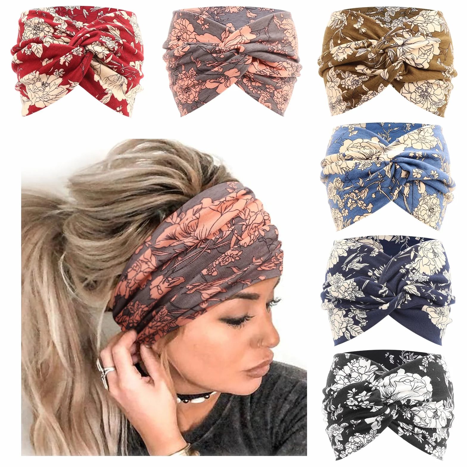 DRESHOW 6 Piezas Diademas Anchas Mujer Turbante Boho Head Wrap Elástico