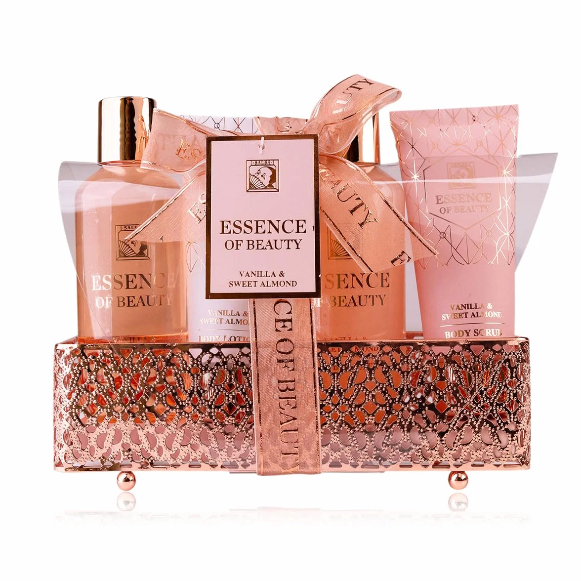Accentra SALSA ESSENCE OF BEAUTY Set de ducha para mujeres en cesta, gel, espuma de baño, loción corporal, exfoliante, Vainilla y Almendra