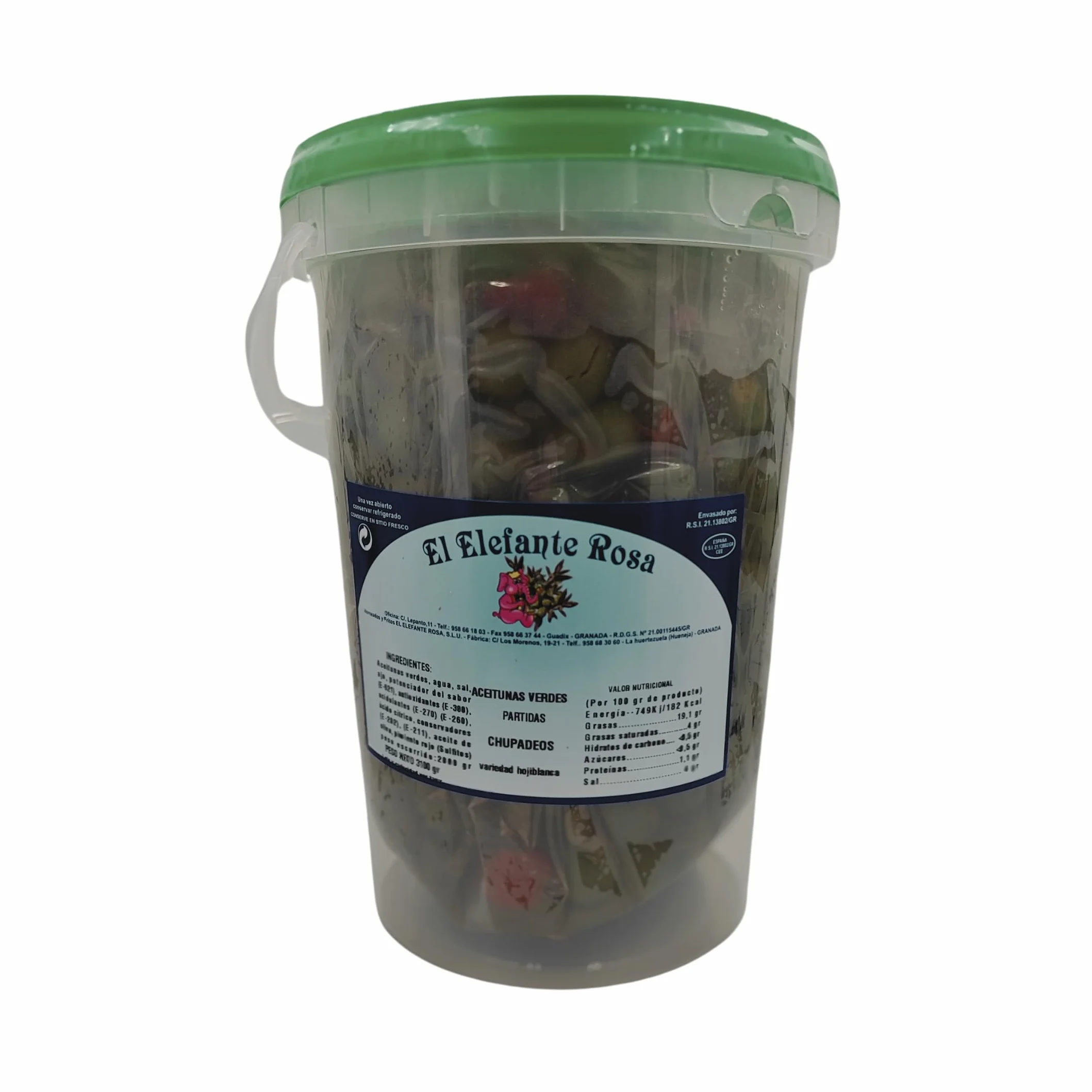 Aceitunas Verdes Aliñadas Chupadedos El Elefante Rosa Bote Familiar 3Kg