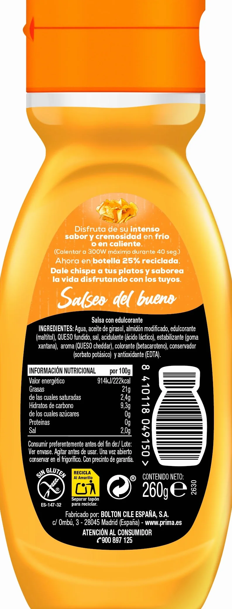 Prima salsa Cheddar Cero 260 gr Sin azúcar añadido