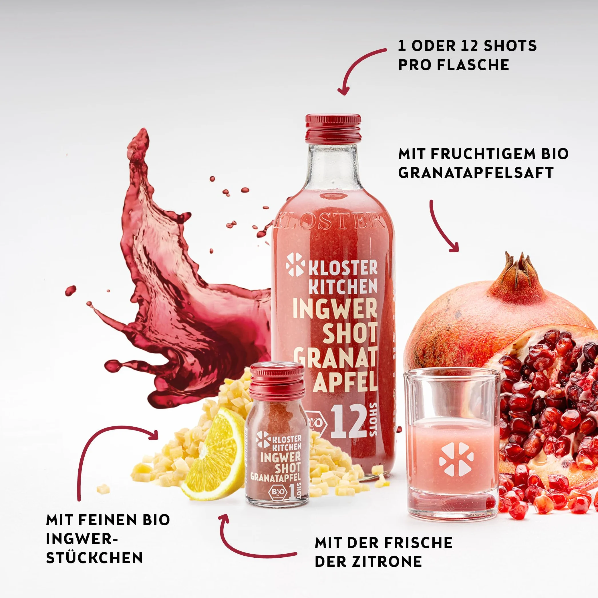 Kloster Kitchen Jengibre Shot 12SHOTS 6 x 360 ml, con trozos de jengibre, vegano