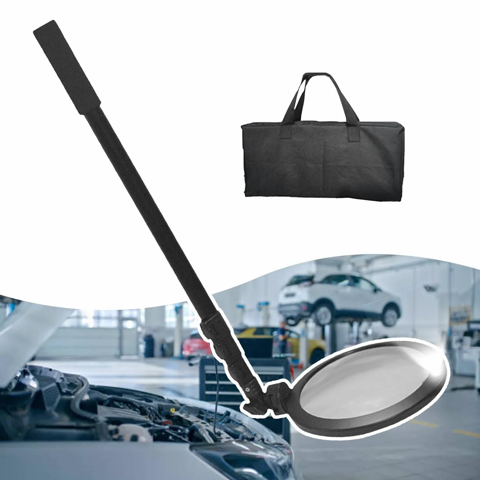 Espejo De Inspección De Bajos De Vehículos Portátil - Espejo De Taller Giratorio De 360° con Luz Led/Espejo Acrílico De 16 Cm/Mango Retráctil De 52-160 Cm, Espej