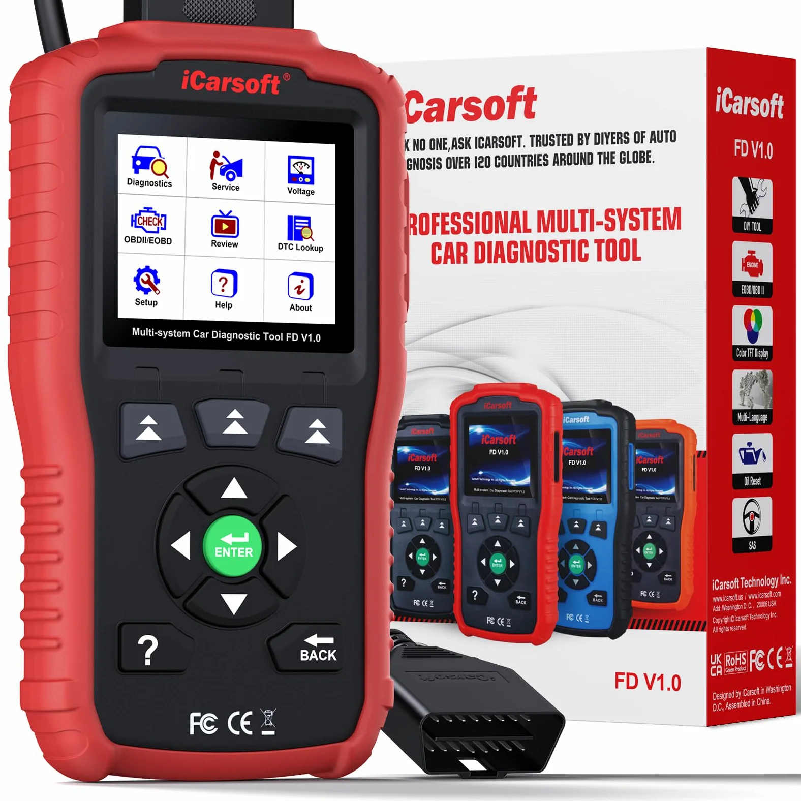 iCarsoft FD V1.0 OBD2 Máquina Diagnosis Coche para Ford/Holden, Escáner de Todo el Sistema, Reinicio de Aceite, Calibración SAS, Prueba de Batería, Actualización de por Vida