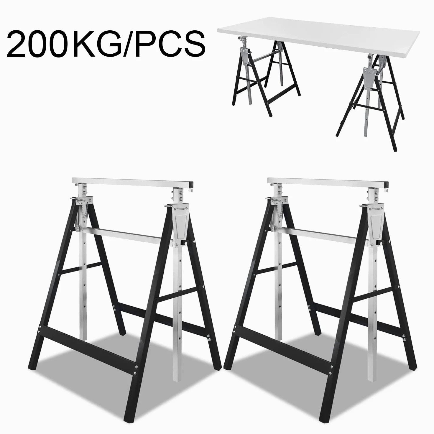 Fiqops Juego de 2 caballetes de trabajo, altura regulable, capacidad de carga de 200 kg, 7 niveles de altura regulable de 80 a 130 cm, caballete plegable estable para uso versátil (negro)