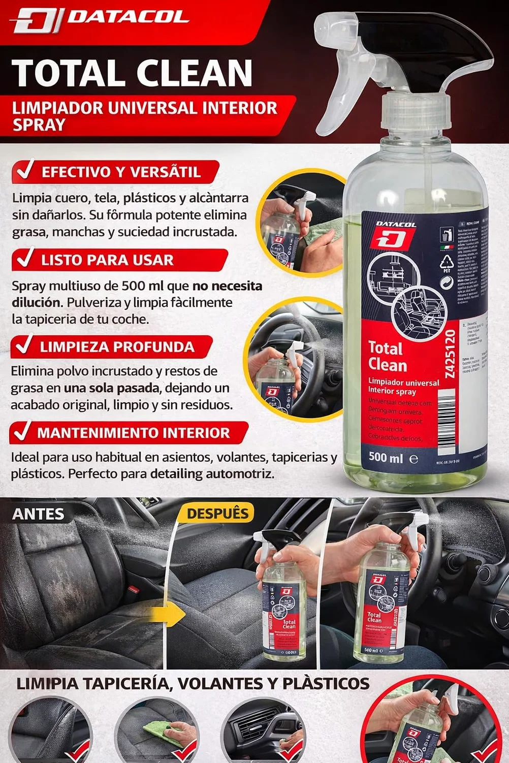Datacol Total Clean – Limpiador Universal Interior 500 ml | Spray Multi-Superficies para Piel, Tejidos y Plásticos | Limpia tapiceria Poder de Limpieza Profesional | Listo para Usar (4)