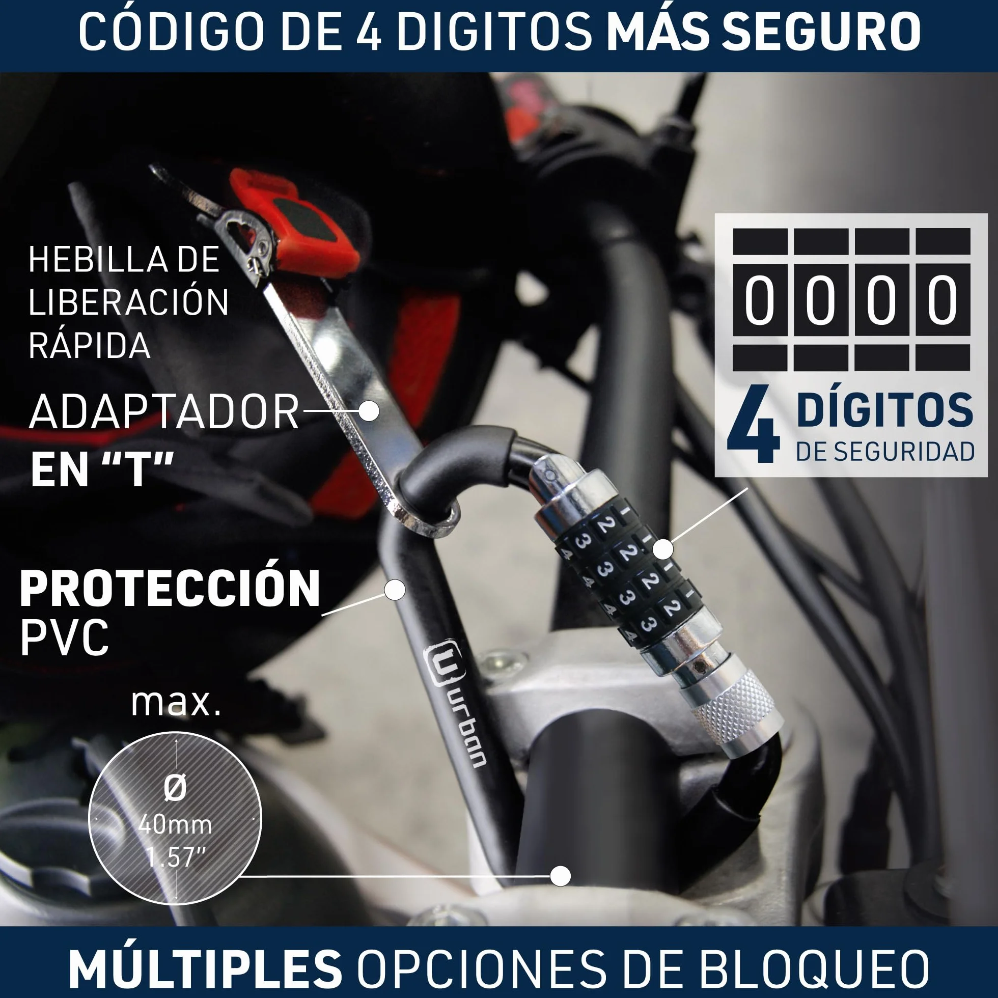 URBAN UR140 Candado Casco Moto, Mosqueton con Código 4 Digitos Más Seguro, Adaptador T Hebilla, Cable Seguridad Acero Trenzado Más Visible, Accesorio Antirrobo Universal para Casco Moto Bicicleta