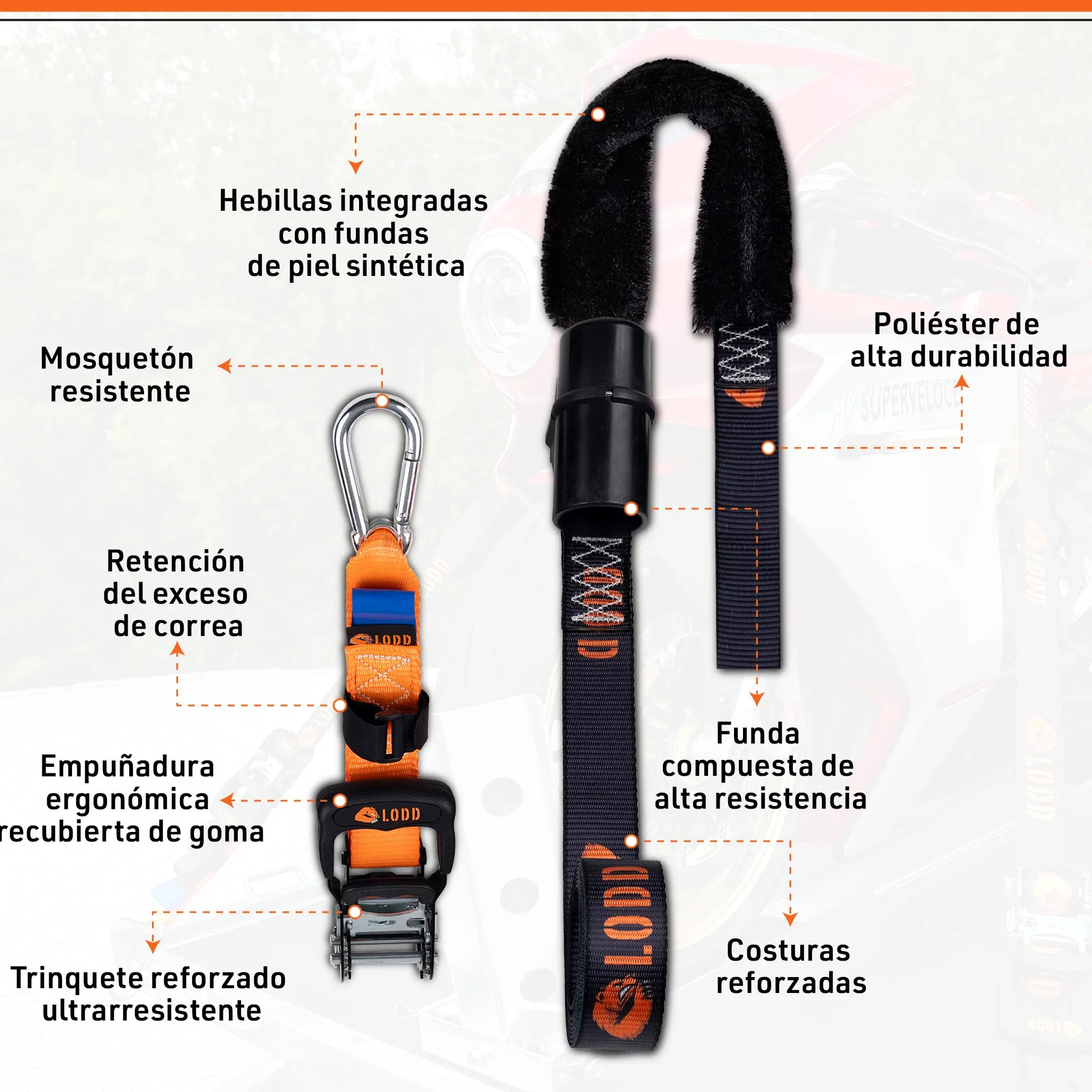 LODD – Correas Moto, Anclaje al Manillar con Manguitos Compuestos Reforzados, Carraca Ultrarresistente, 38 mm, 1.500 kg, Mosquetones de Acero, Remolque, Carretera y Deportivas – Maletín Incluido