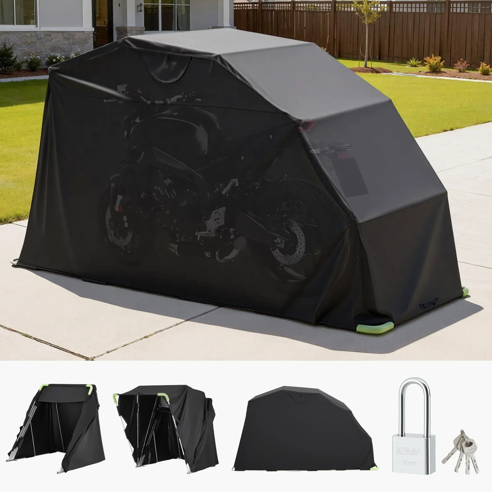 VEVOR Refugio para Motocicleta con Cerradura de Seguridad, Carpa Abatible Oxford 600D, Resistente a la Intemperie y la Corrosión, con Ventanas de Ventilación, 340 x 137 x 190 cm, Color Negro