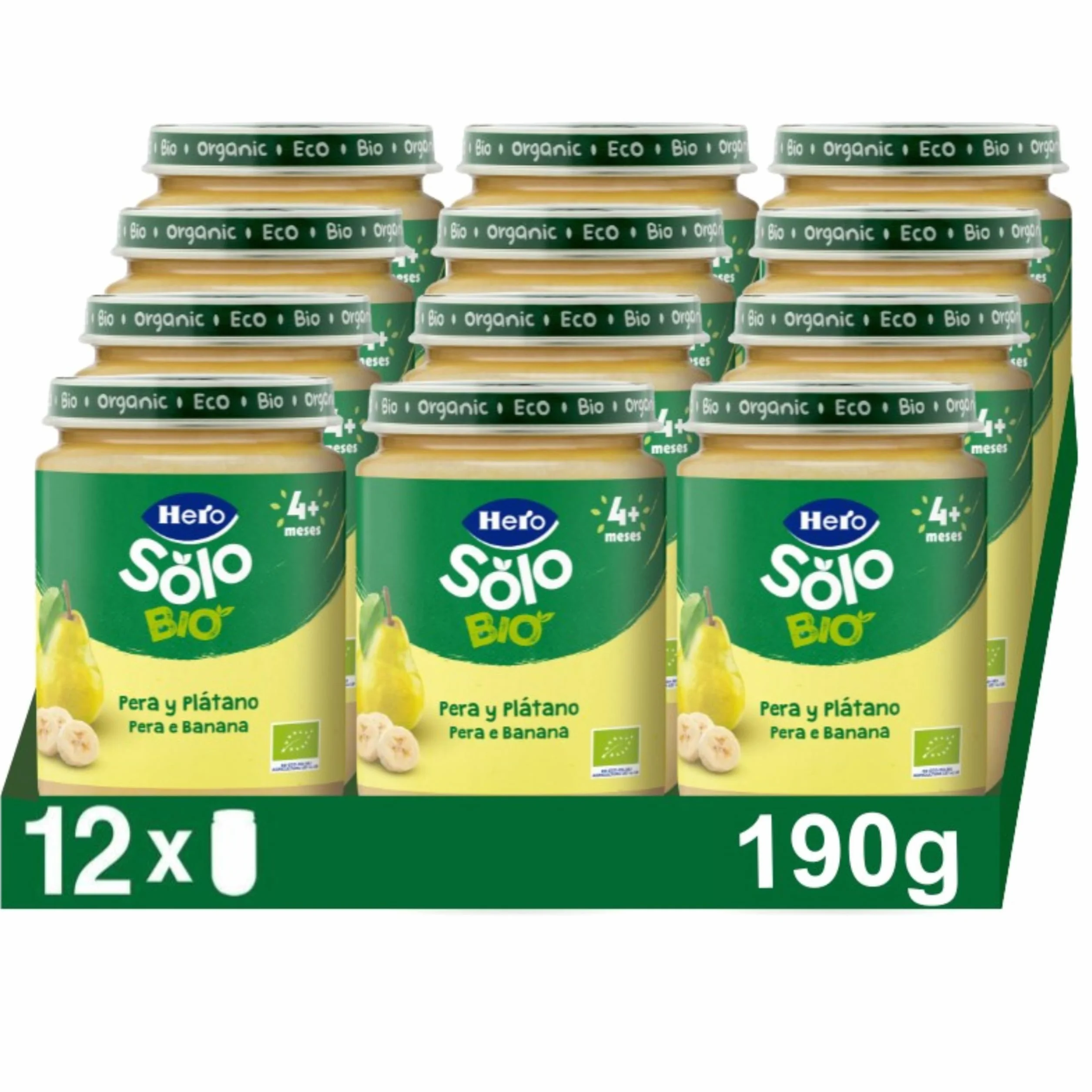 Hero Solo Bio Tarritos de Pera y Plátano 100% Ecológico para Bebés 4 Meses Pack 12 x 190 g