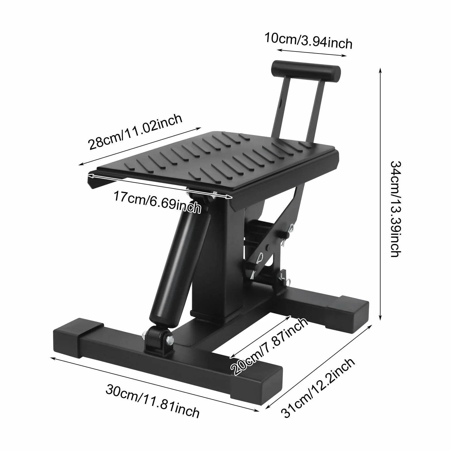 Elevador de motocicleta, rango de elevación de 25 a 34 cm, ancho de plataforma de 17 cm, capacidad de carga de 200 kg, soporte de motocicleta con 3 pernos de seguridad, plataforma elevadora de acero