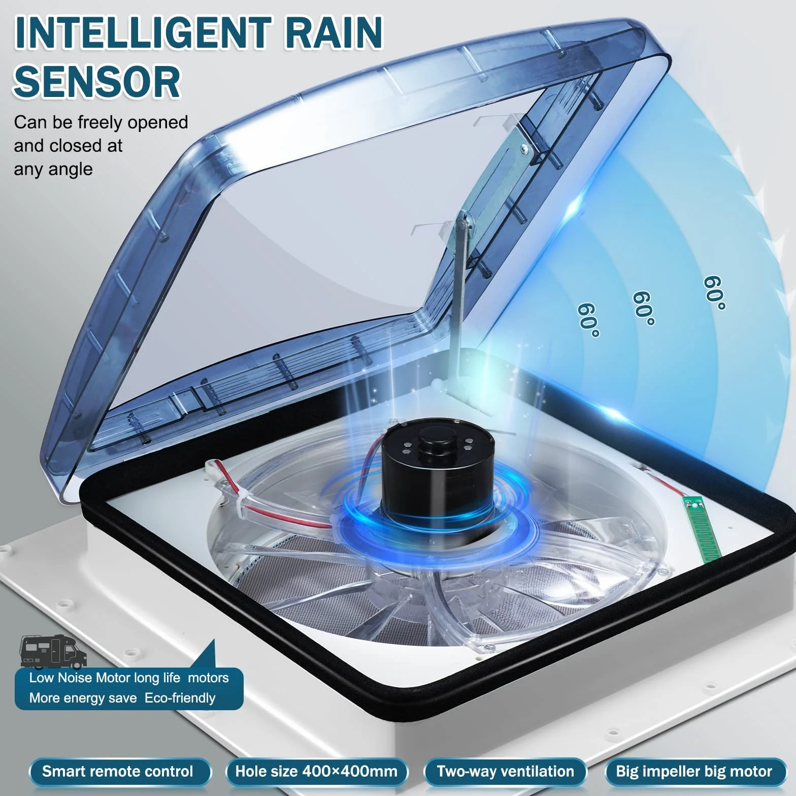 Ventilador De Techo Para Autocaravanas Sensor De Lluvia Reversible 10 Velocidades Mando A Distancia