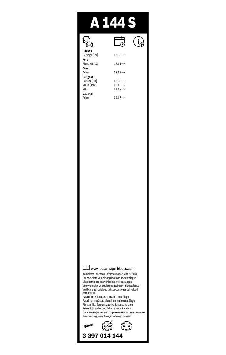 Escobilla limpiaparabrisas Bosch Aerotwin A144S, Longitud: 650mm/400mm − 1 juego para el parabrisas (frontal) - Válidas únicamente para vehículos con volante a la derecha (UK)