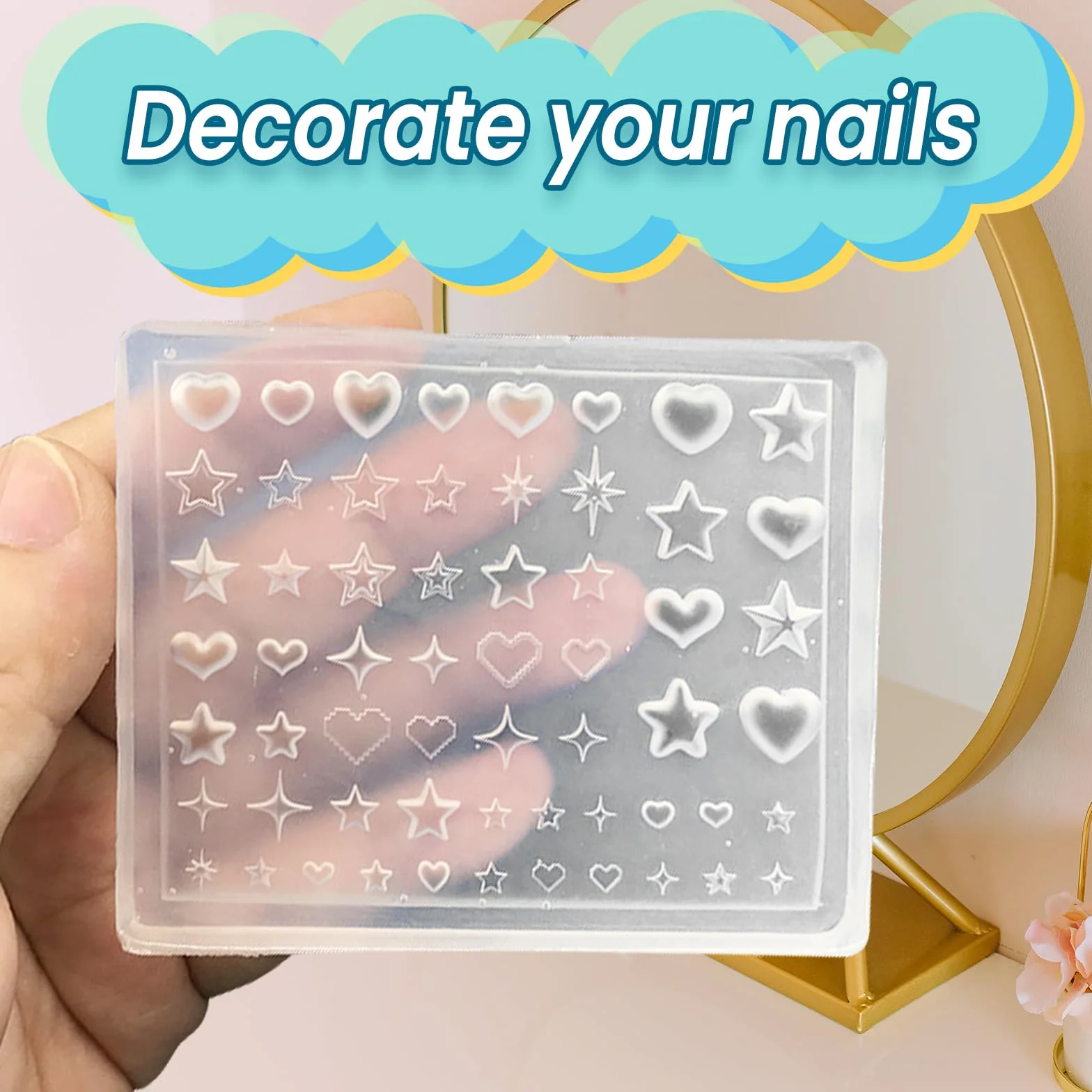 Plantillas de Uñas Y2k Corazón Estrellas Starburst, Molde de Silicona Arte Uñas Francesas
