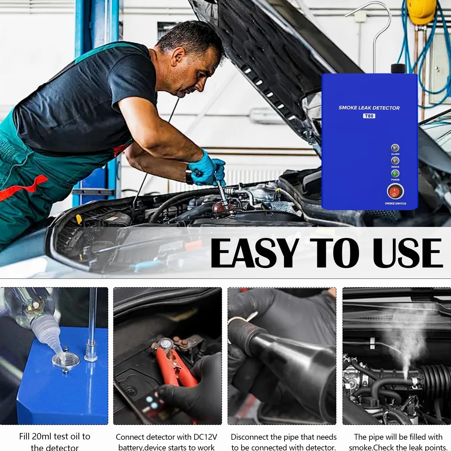 Máquina de Humo 12V para detección de Fugas EVAP, Kit Detector de Fugas para Coche Moto camión y Barco, con Pinzas de alimentación adaptadores y Tubo de Humo