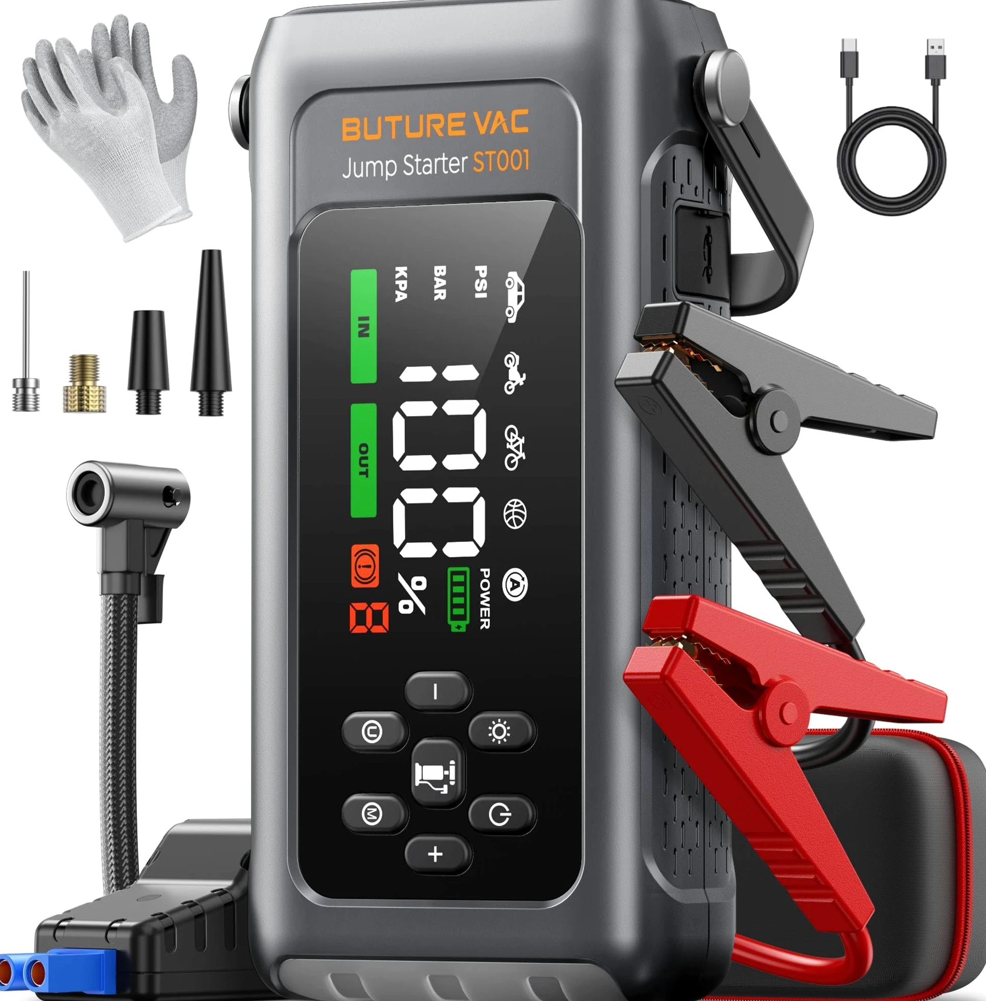 Arrancador de Baterias de Coche con Compresor de Aire, 12V 5000A Arrancador Coche Portatil con Inflador de 150 PSI, Linterna LED de Emergencia, Banco de energía de Arranque