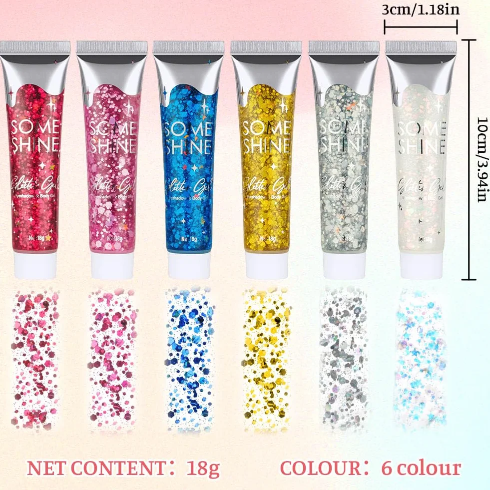 Purpurina Cara Gel 18g Festival Gel Purpurina Líquida Corporal Chunky Glitter Carnaval (Azul+Rosa+Plata+Blanco+Oro+Rojo Rosa)