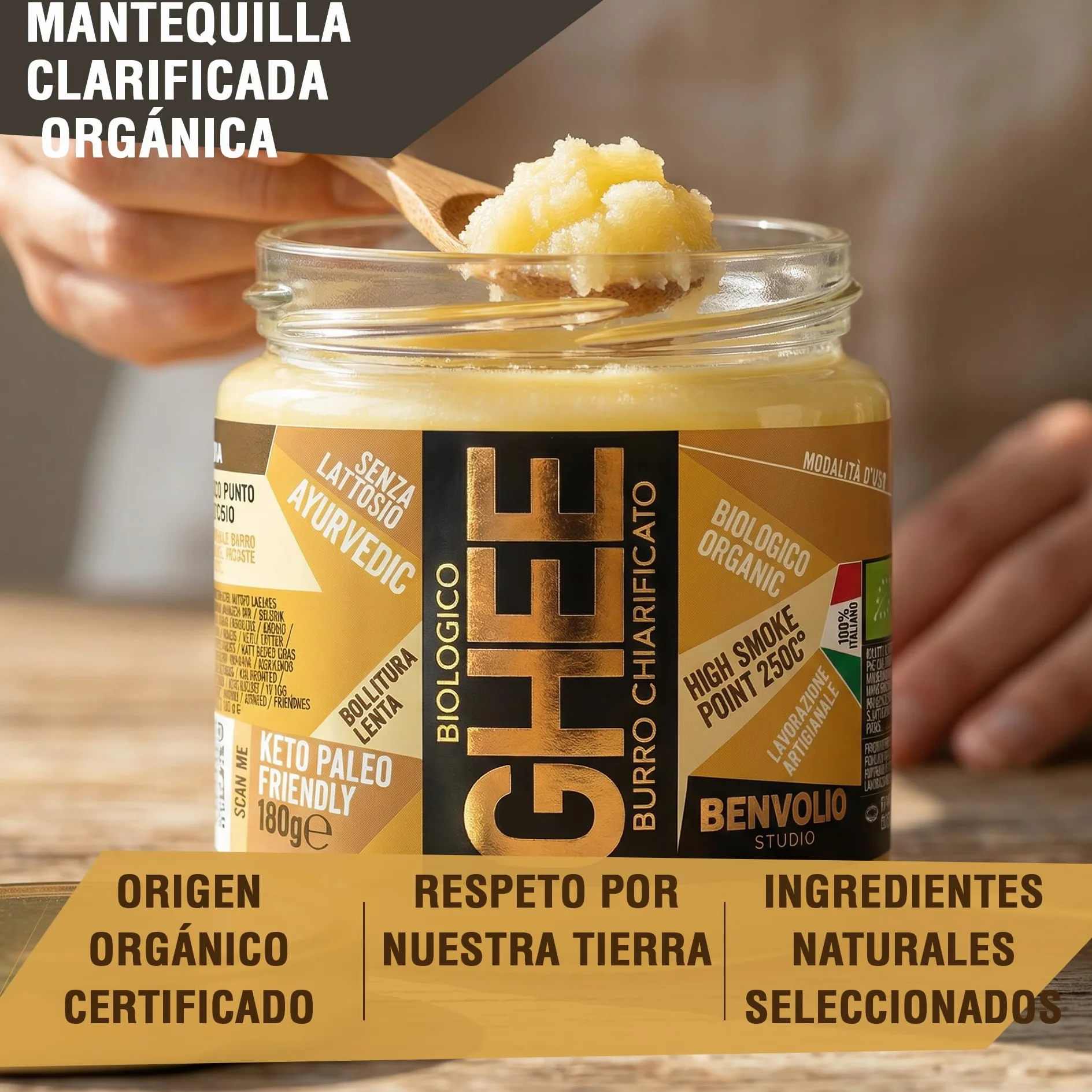 Benvolio Ghee Mantequilla Clarificada Ecológica 180g Italiana Sin Lactosa Alto Punto de Humo 250°C