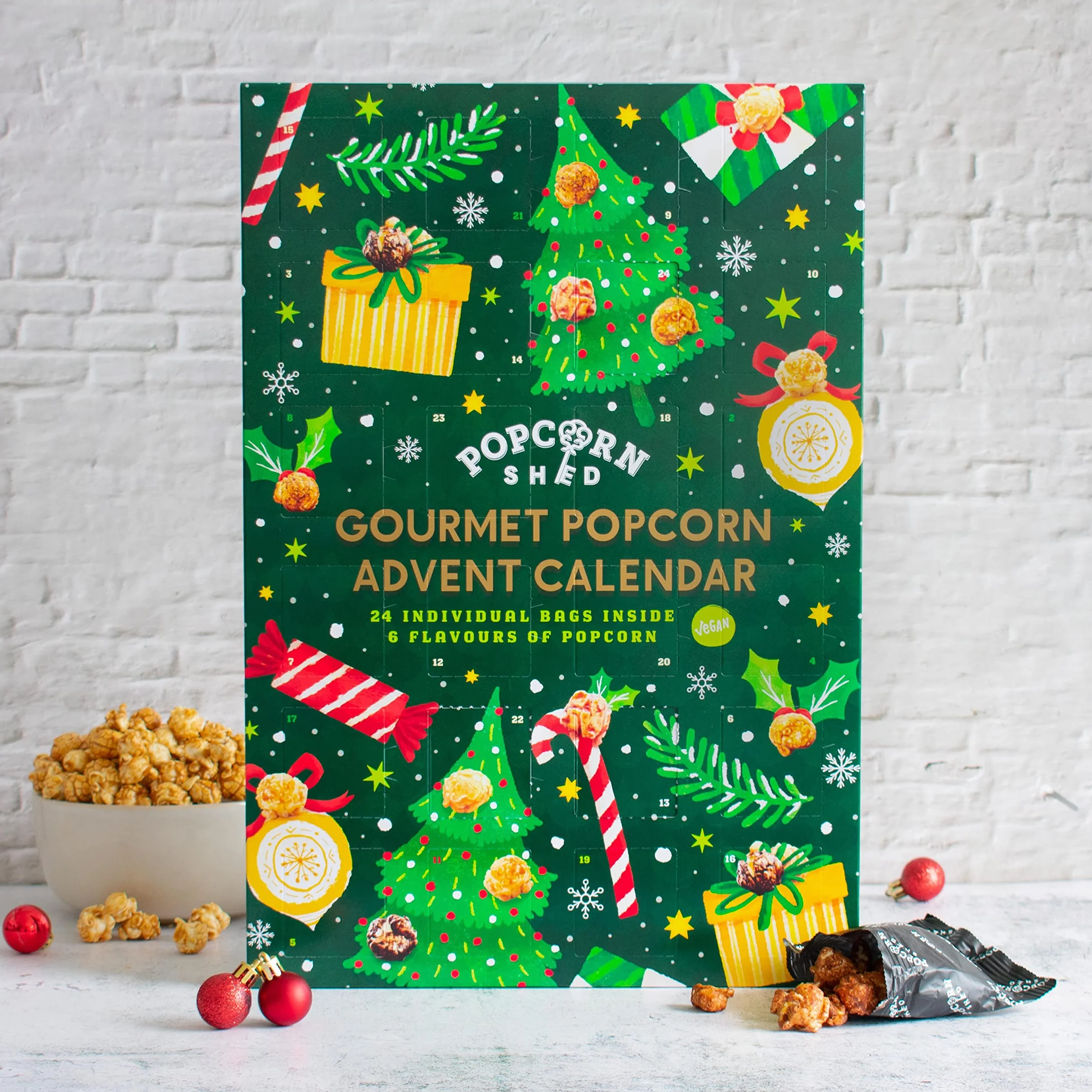 Popcorn Shed Calendario de Adviento Navidad 2025 24 días palomitas 6 sabores gourmet vegano sin gluten