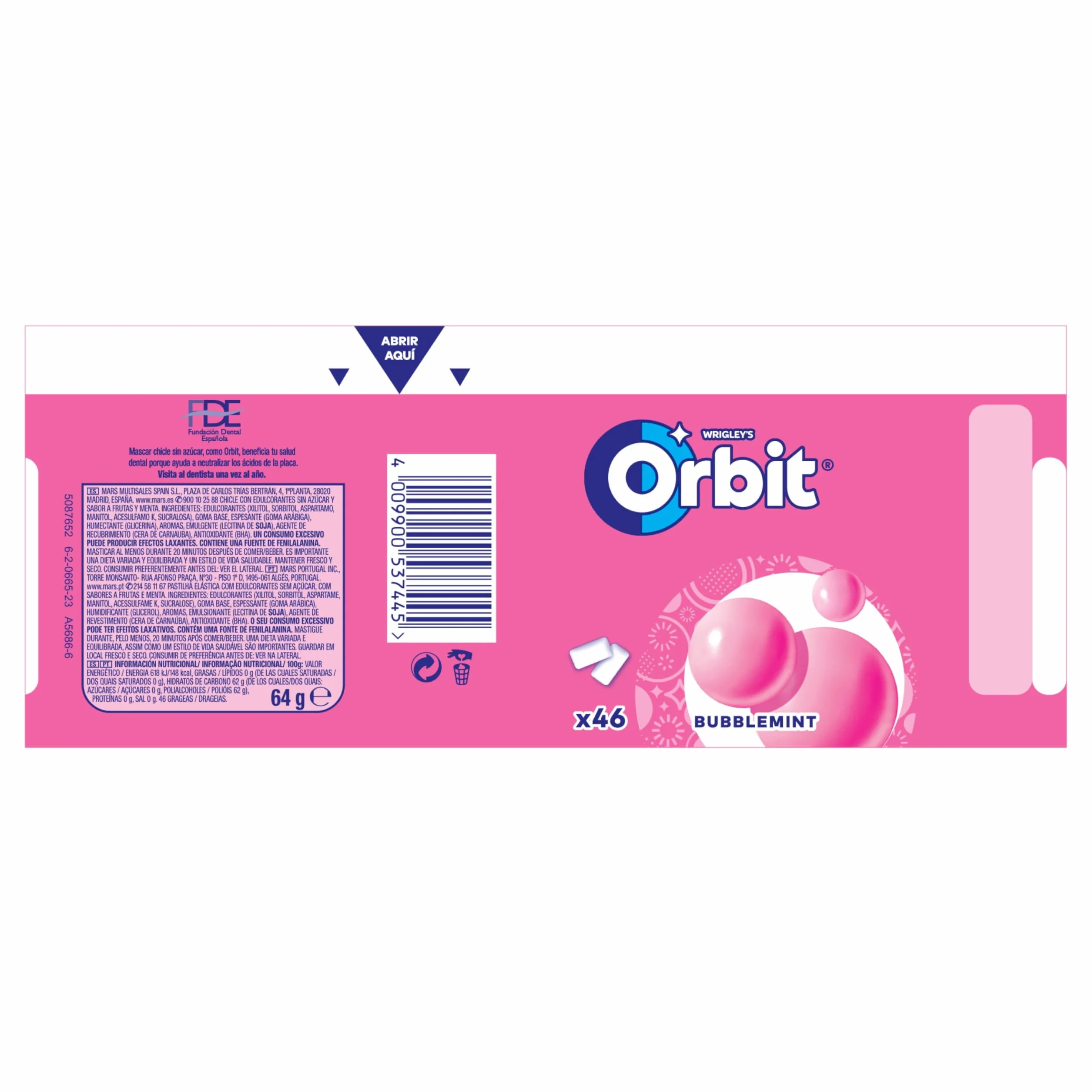 Orbit Bote de Chicles Sin Azúcar Bubblemint, Afrutado, Fresco, Intenso y de Larga Duración (6 x 46)