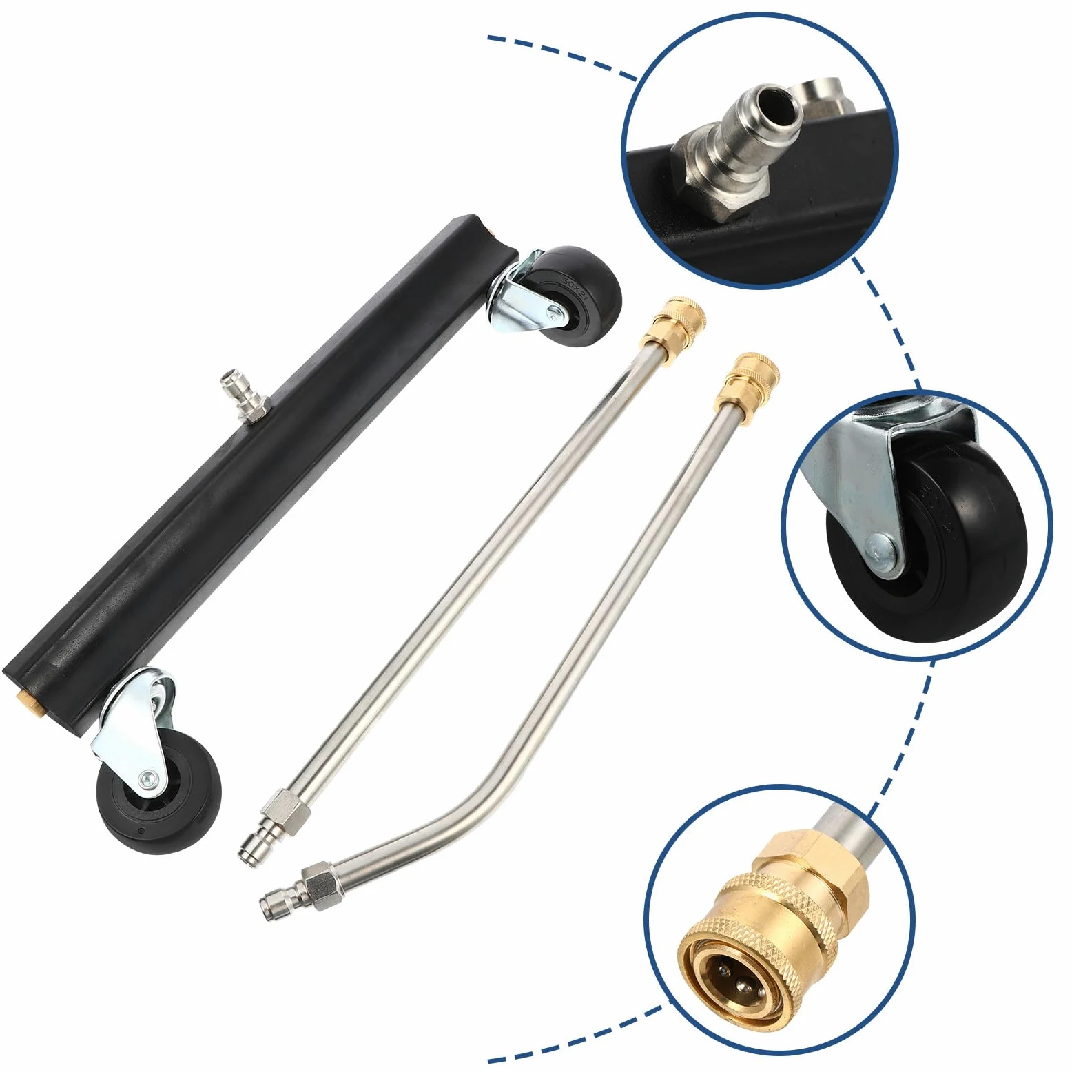 Limpiador de Tren de Aterrizaje para Hidrolimpiadora de Alta Presión Cepillo de Acero Inoxidable, Varillas Recta y Curva, Herramienta para Limpiar Bajos de Coches Ruedas