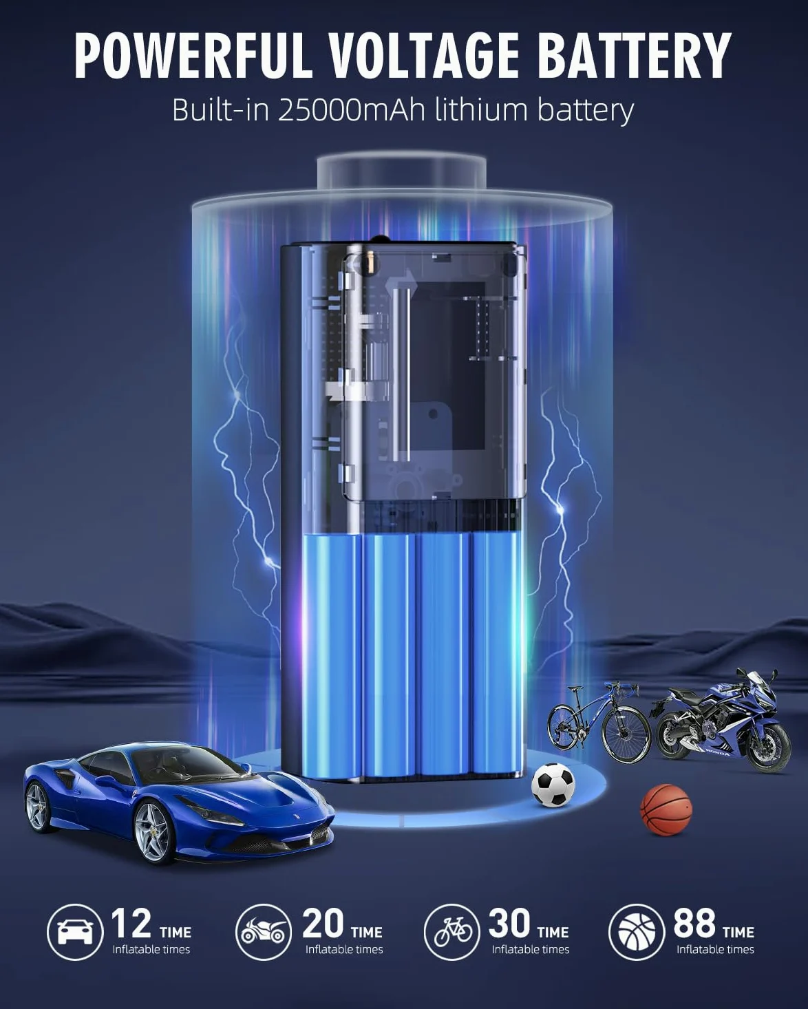 Compresor de aire portátil inflador de neumáticos, compresor de aire portátil de 180 PSI con batería de 25000 mAh, bomba de aire inalámbrica de inflado rápido 3X para coche, motocicleta, bicicleta