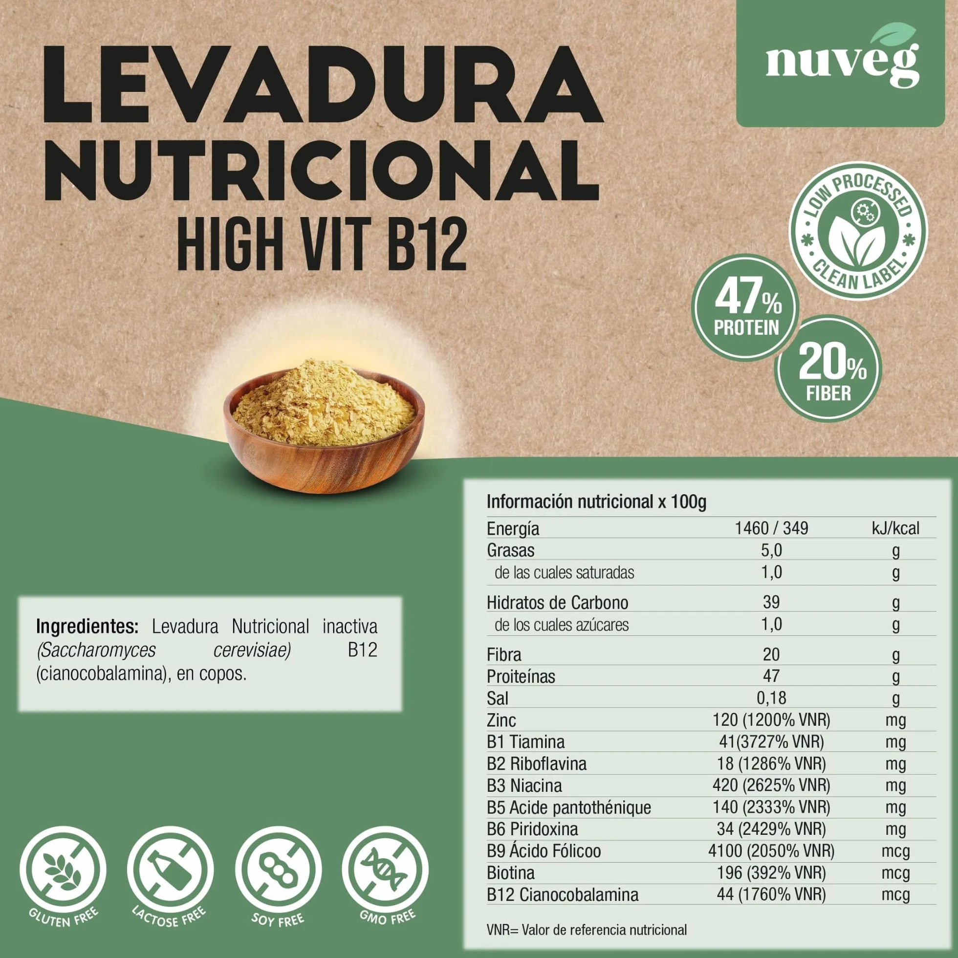 NUVEG Levadura Nutricional B12, Copos 250g Pack 2, Sin Gluten, Alto en Fibra y Proteínas 47%