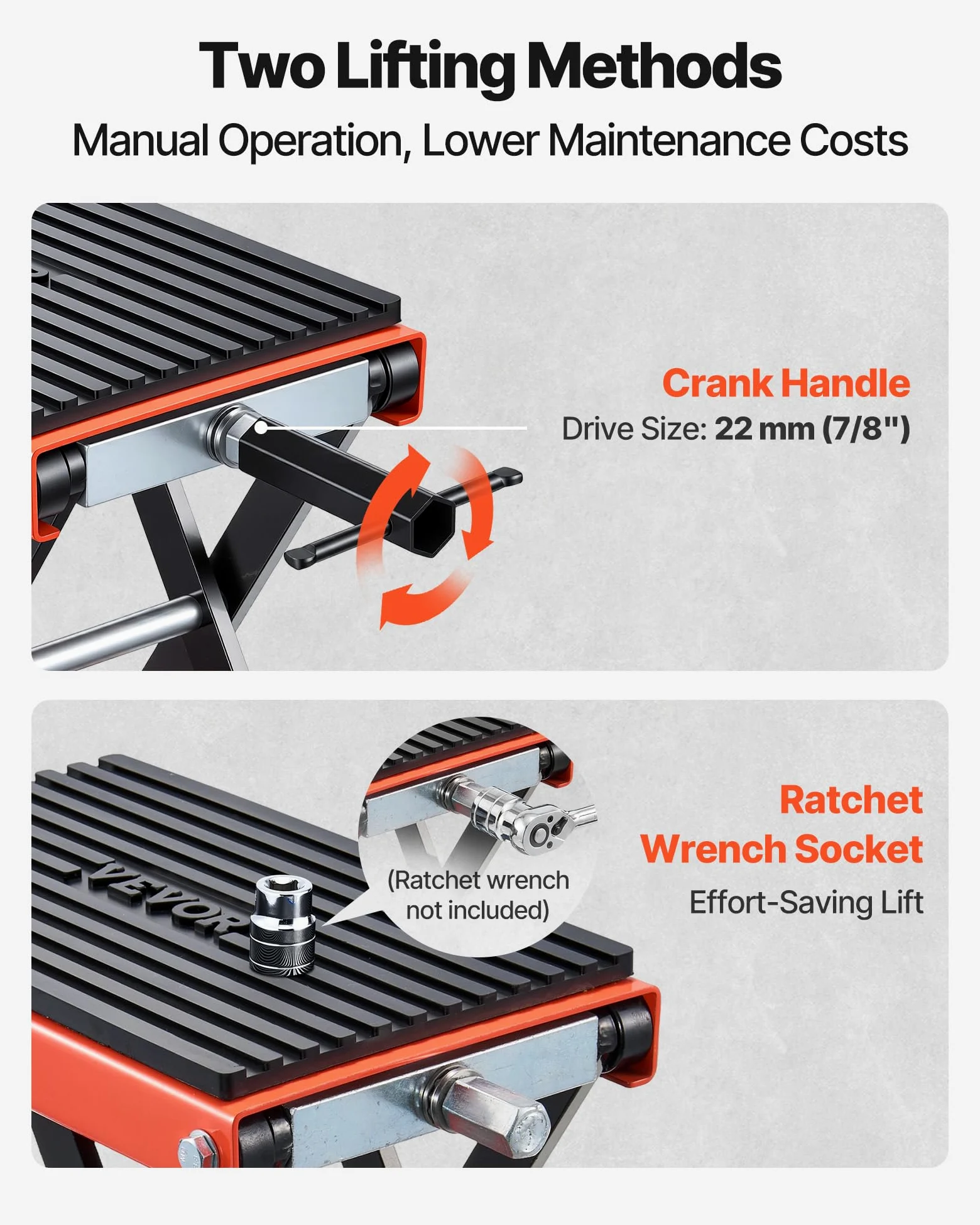 VEVOR Gato Elevador Tijera para Motocicletas 38,5 x 23 cm, Plataforma Elevadora Capacidad de 680 kg, Caballete para Moto Elevación de 105-350 mm para Talleres, Garajes Mecánicos, Naranja y Negro