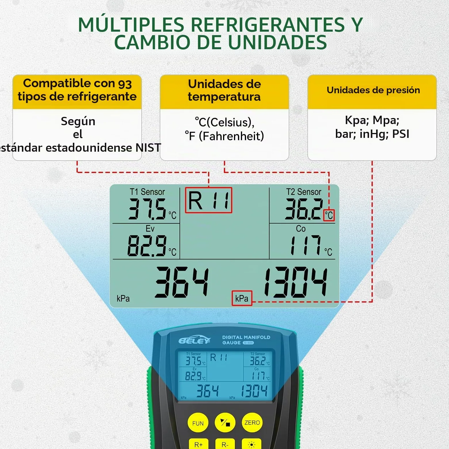 Manómetro Digital para Aire Acondicionado Kit HVAC con Base Datos 93 Refrigerantes, 150cm Mangueras de Refrigerante y Clips de Temperatura para Mantenimiento de Aires Acondicionados y Frigoríficos