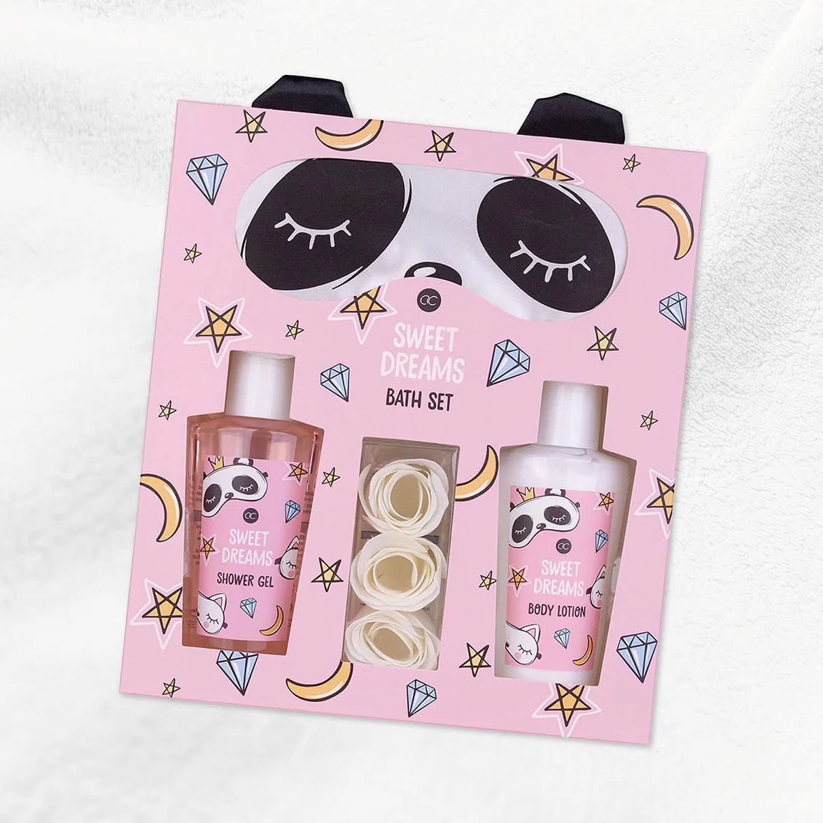 Set de regalo para mujer Sweet Dreams de Accentra - Antifaz de panda, gel de ducha, loción corporal y confeti de baño de rosas