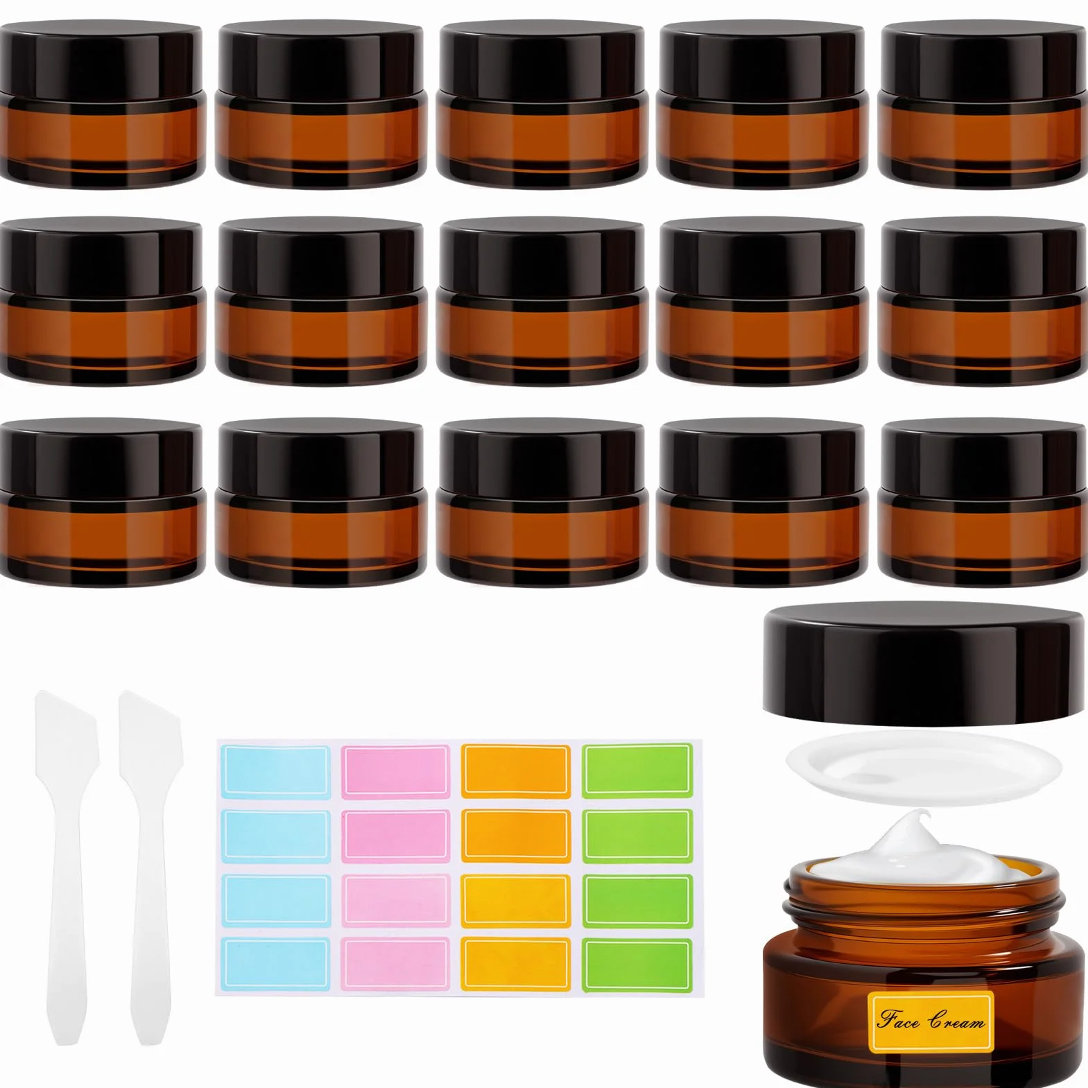 Ámbar Tarros Cosmeticos 20ml, Tarros de Crema con 2 Raspadores, Contenedor de Cosméticos Marrón, Tarro de Cristal con Tapa