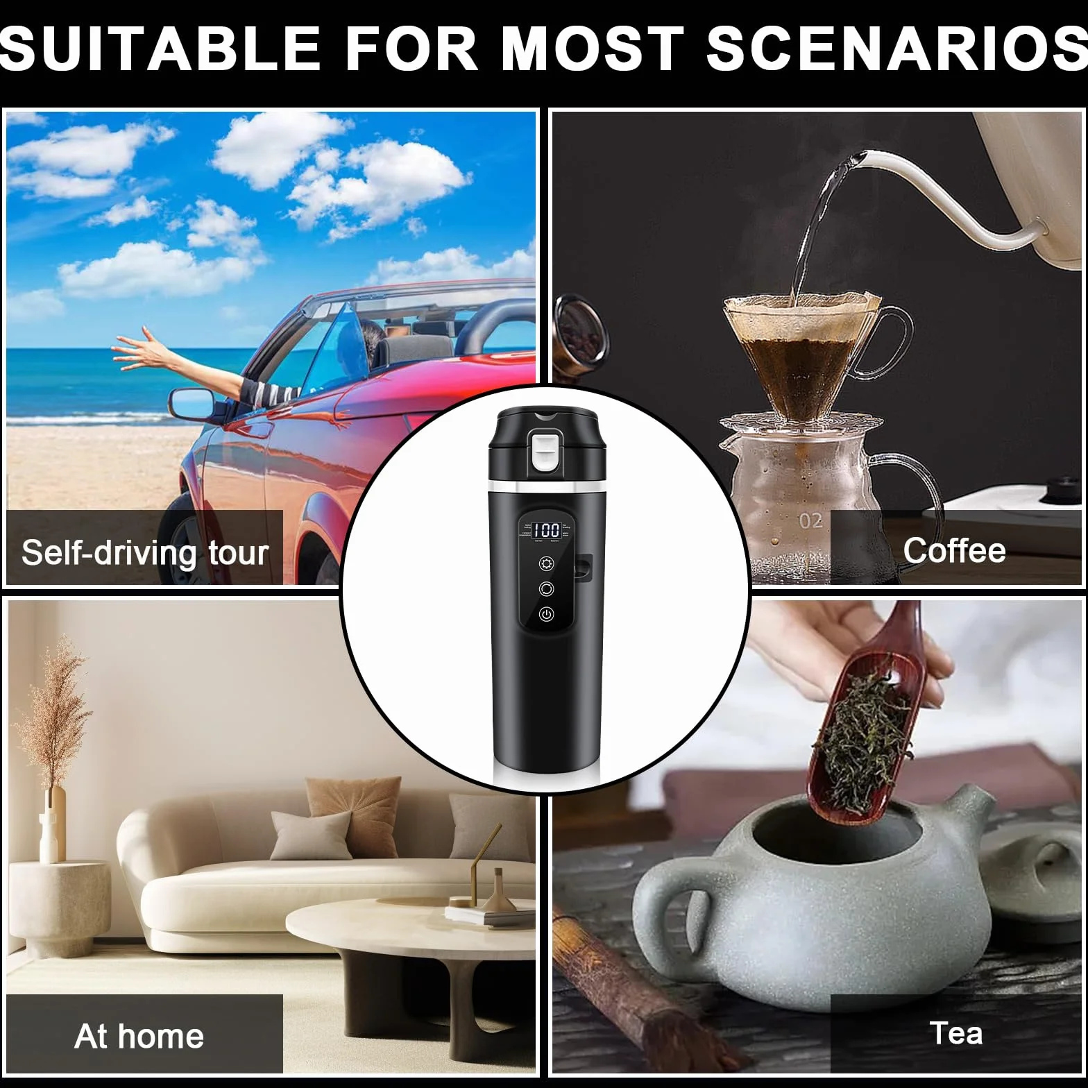 PORFOYO Hervidor de agua para coche, 12 V, minihervidor de café, 500 ml, negro, hasta 100 ℃, control de temperatura variable para camiones, viajes, camping