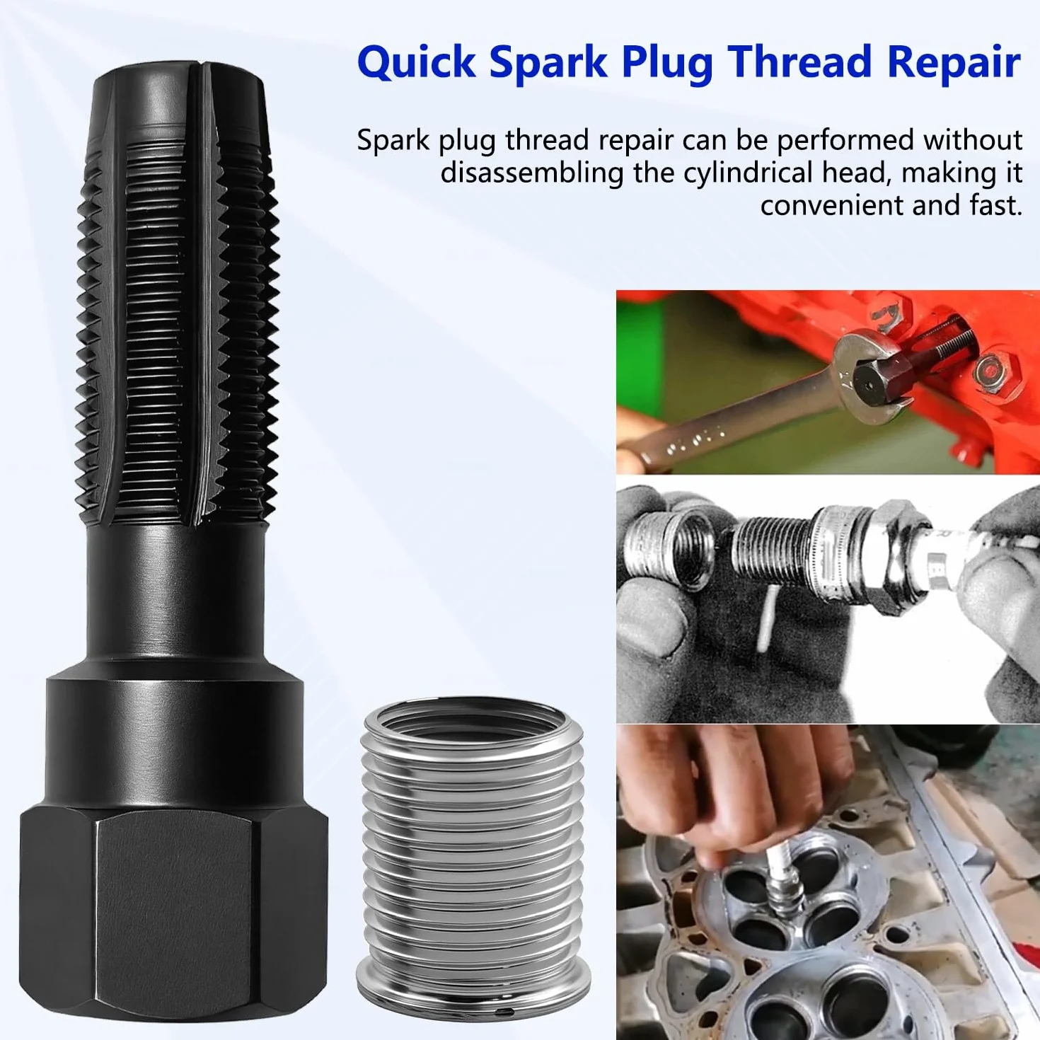 ZKTOOL 5 Piezas M14 x 1.25 Kit de Reparación de Roscas de Bujía, Kit de Roscado de Cabeza de Cilindro, Herramienta de Reparación de Roscas de Cilindro de 14 mm Reamer, 4 Insertos de Rosca