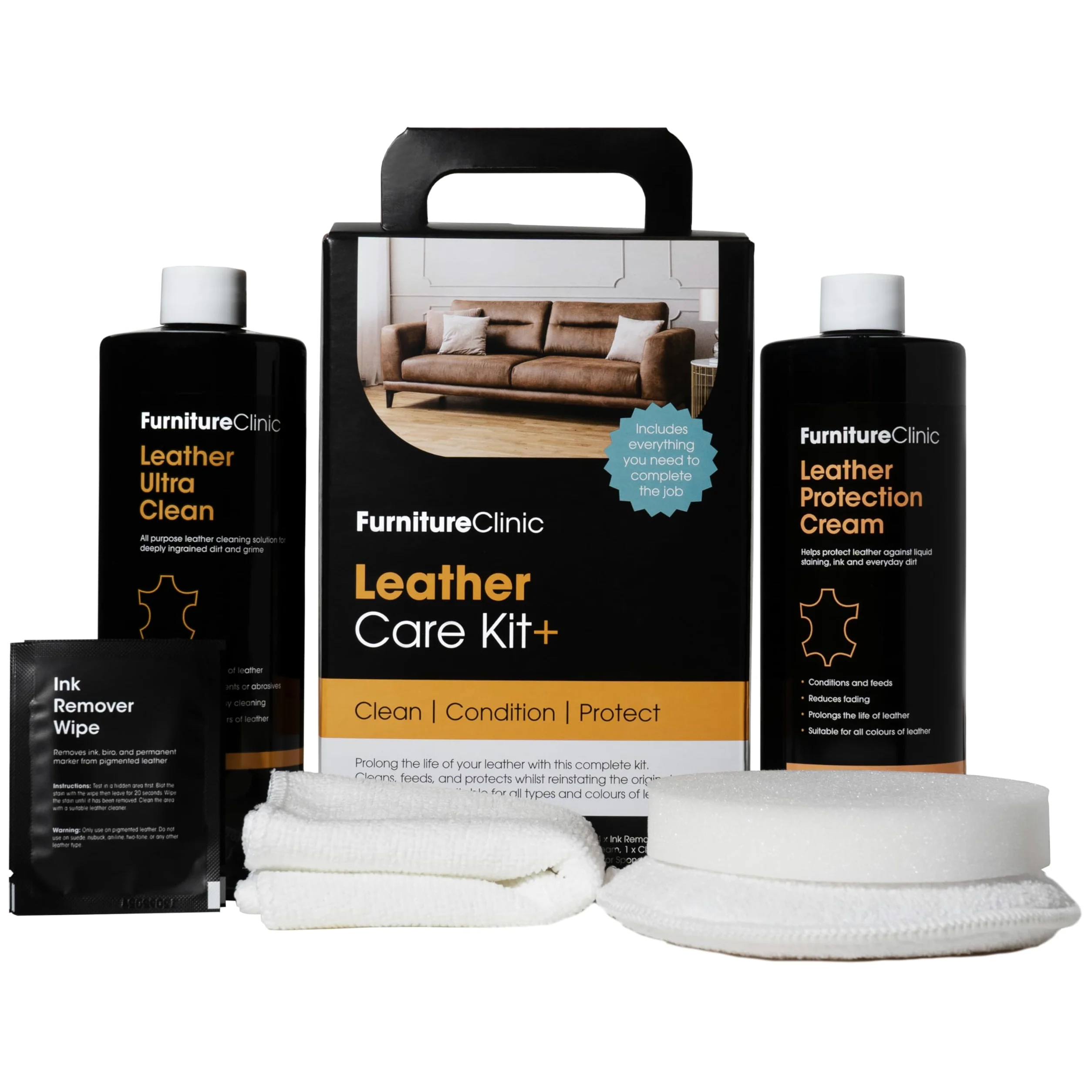Kit completo de cuidado del cuero Furniture Clinic – Limpiador de cuero y Crema protectora del cuero para sofás y asientos de coche – 500 ml de Ultra Clean,500 ml de acondicionador de cuero y esponjas