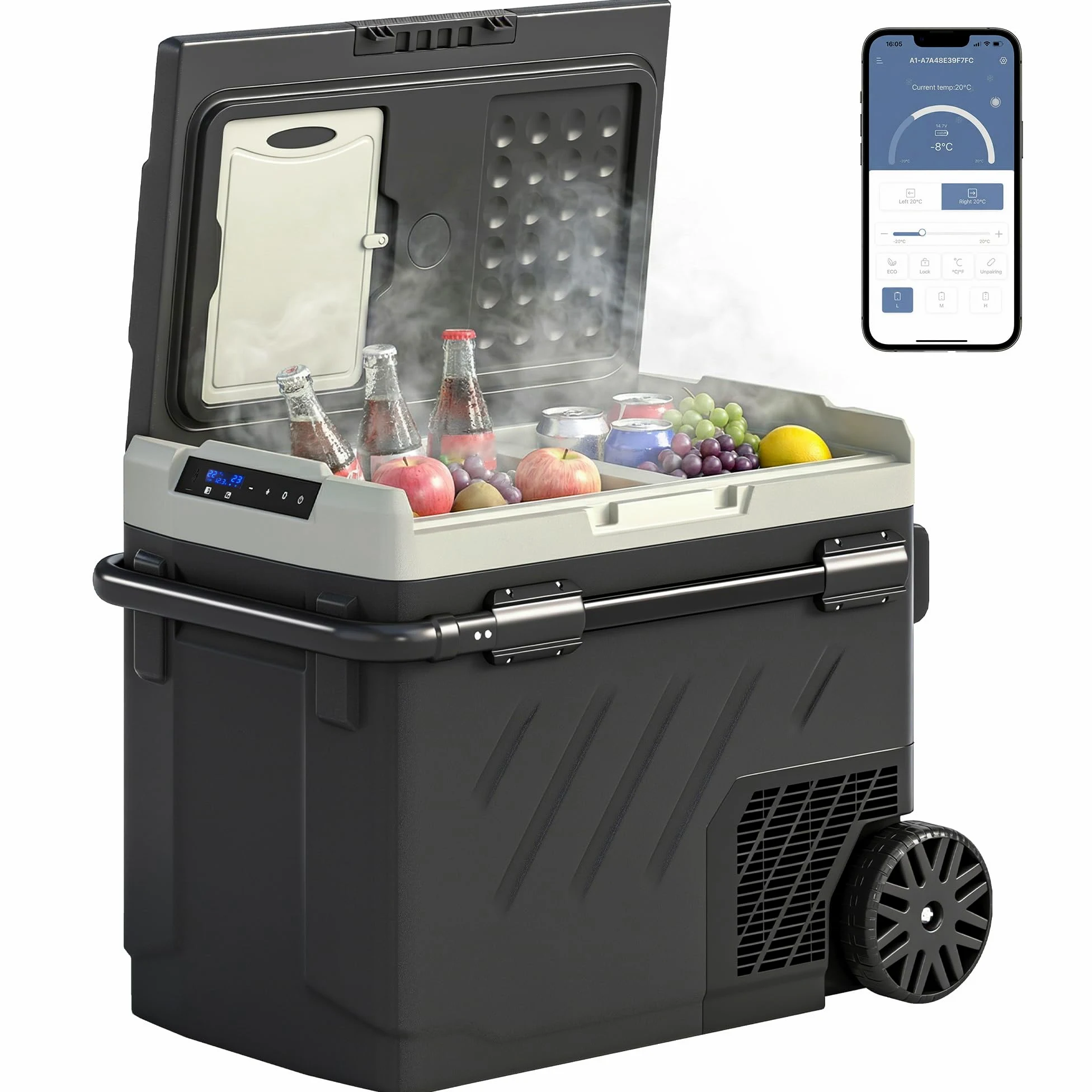 Outsunny Nevera Portátil Eléctrica 49L 12/24/240V Refrigerador de Coche con Compresor Doble Zona Control por App Luz LED Pantalla Modos ECO y MAX de -20℃ a +20 ℃ Asa Telescópica Ruedas y Puerto USB