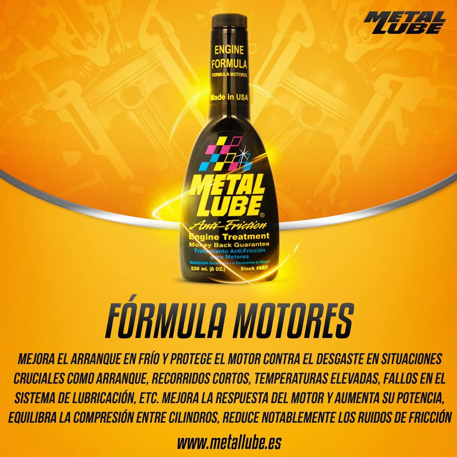 Metal Lube Fórmula Motores – Aditivo Antifricción para Coches Gasolina y Diésel, Reduce Desgaste, Consumo y Emisiones, Mejora Rendimiento y Arranque – Envase 236 ml